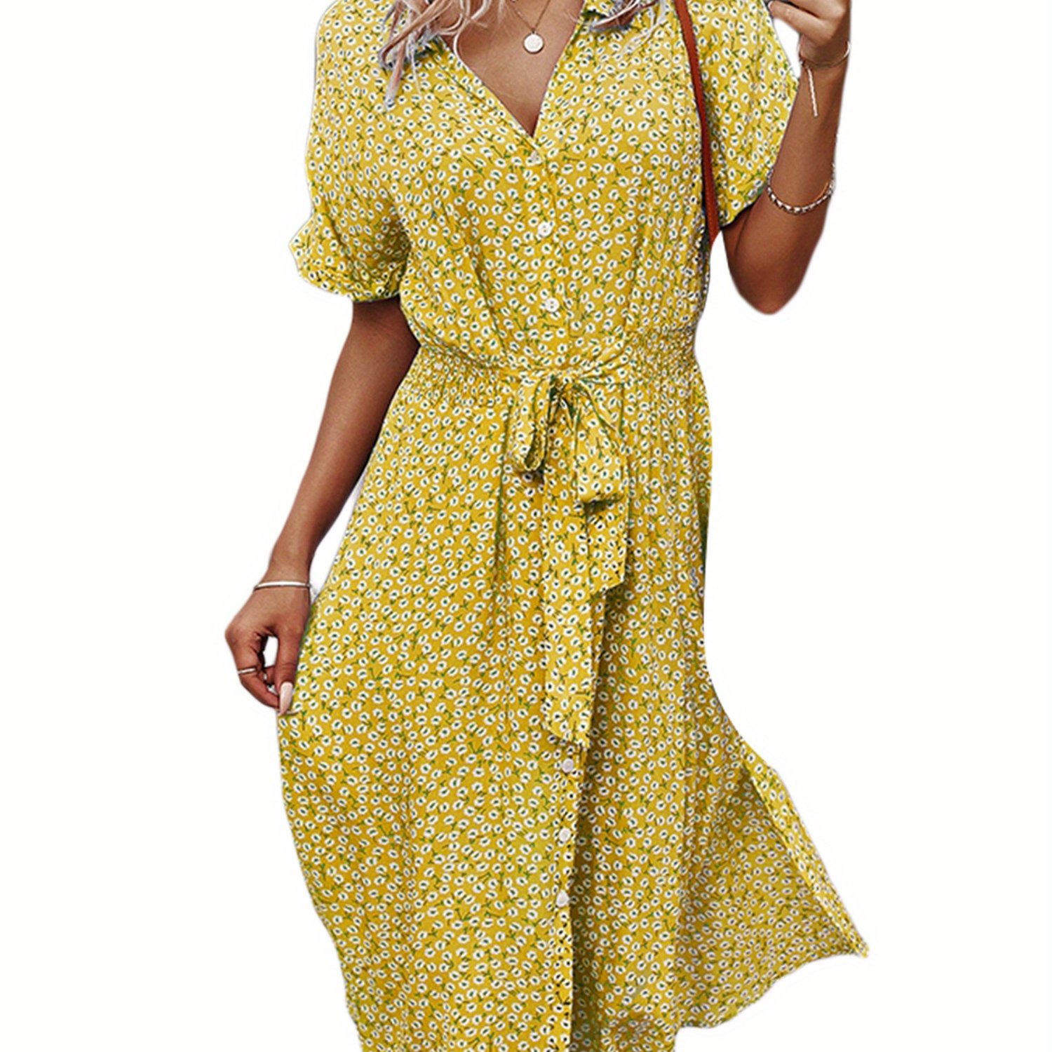 Allover Print Single Breasted Shirt Dress, Elegant Short Sleeve Belted Dress For Spring & Summer, Women's Clothing