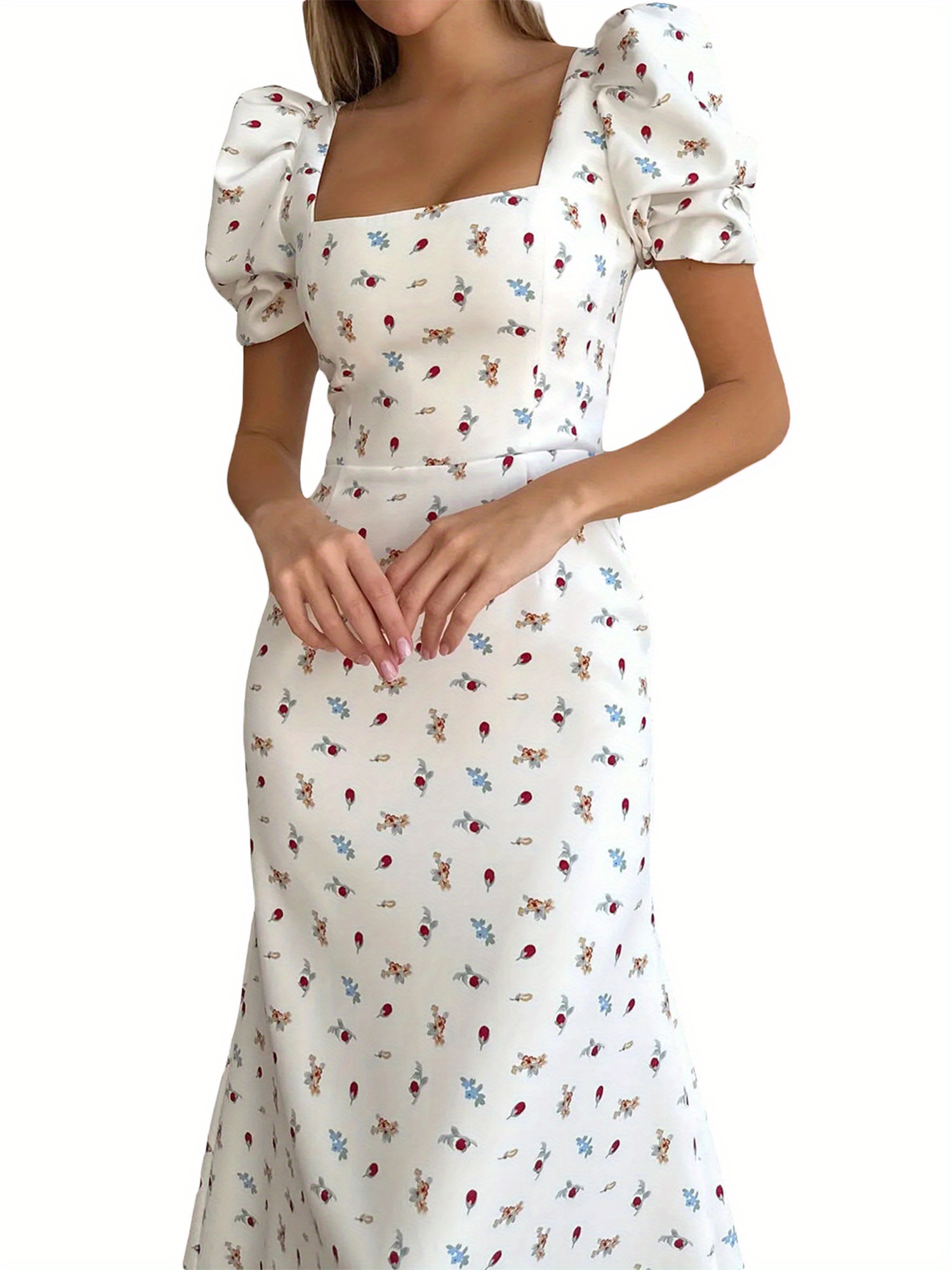 Floral Print Square Neck Midi Dress, Elegant Puff Sleeve A Line Dress For Spring & Summer, Women's Clothing