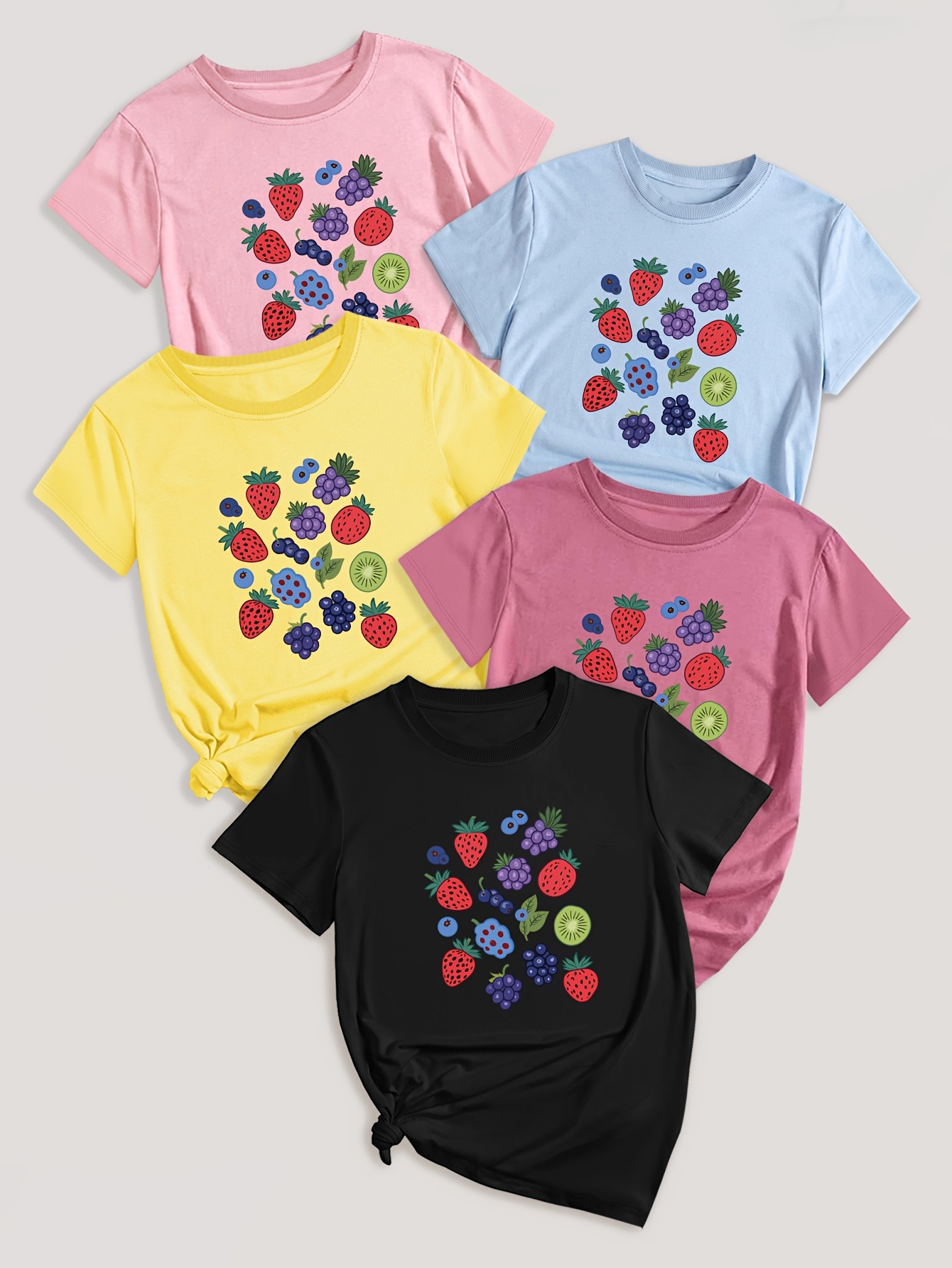 Fruit & Vegetable Print T-Shirt Set of 5 - Casual Polyester Blend Crew Neck Tees with Strawberry, Grape, Blueberry Designs - Knit Fabric, Regular Length for All Seasons