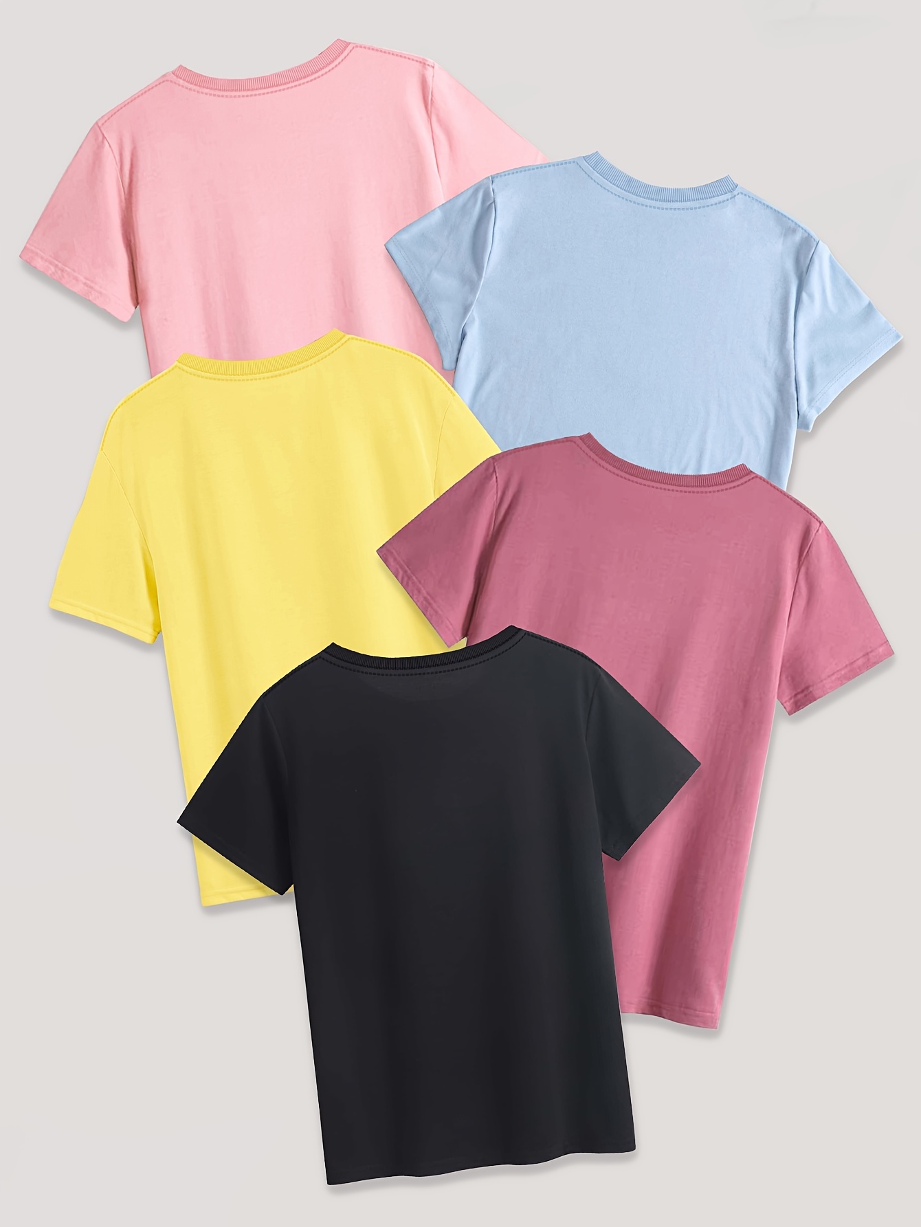 5-Pack Crew Neck T-Shirts with Cartoon Fruit & Vegetable Print - Casual Polyester Knit Fabric Tops - Regular Length, Stretchy Elastane Blend - All Season Graphic Tees