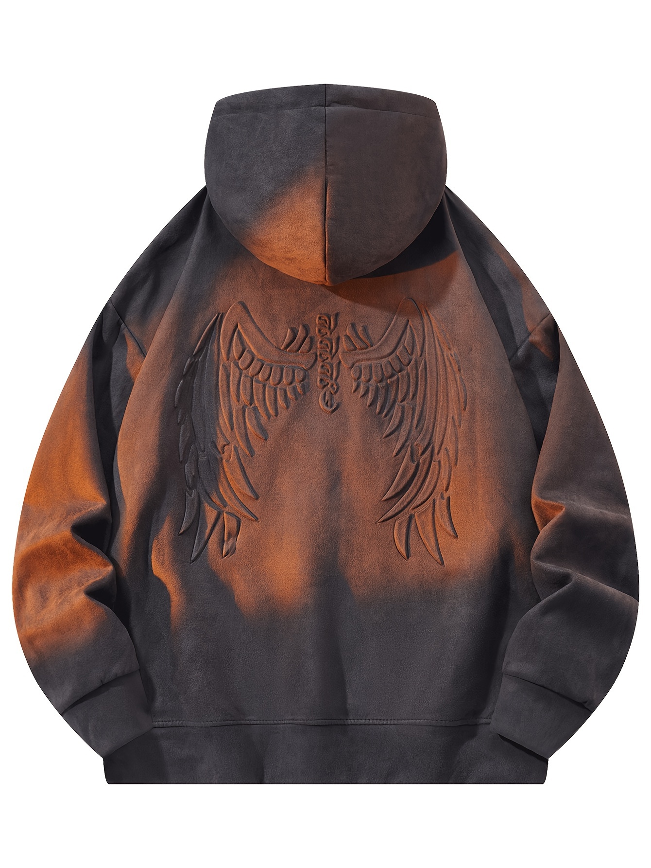 Men's Autumn And Winter Wings Pattern Letter Print Suede Hooded Long Sleeve Sweatshirt With A Kangaroo Pocket, Chic And Trendy Hoodie For Street Wear