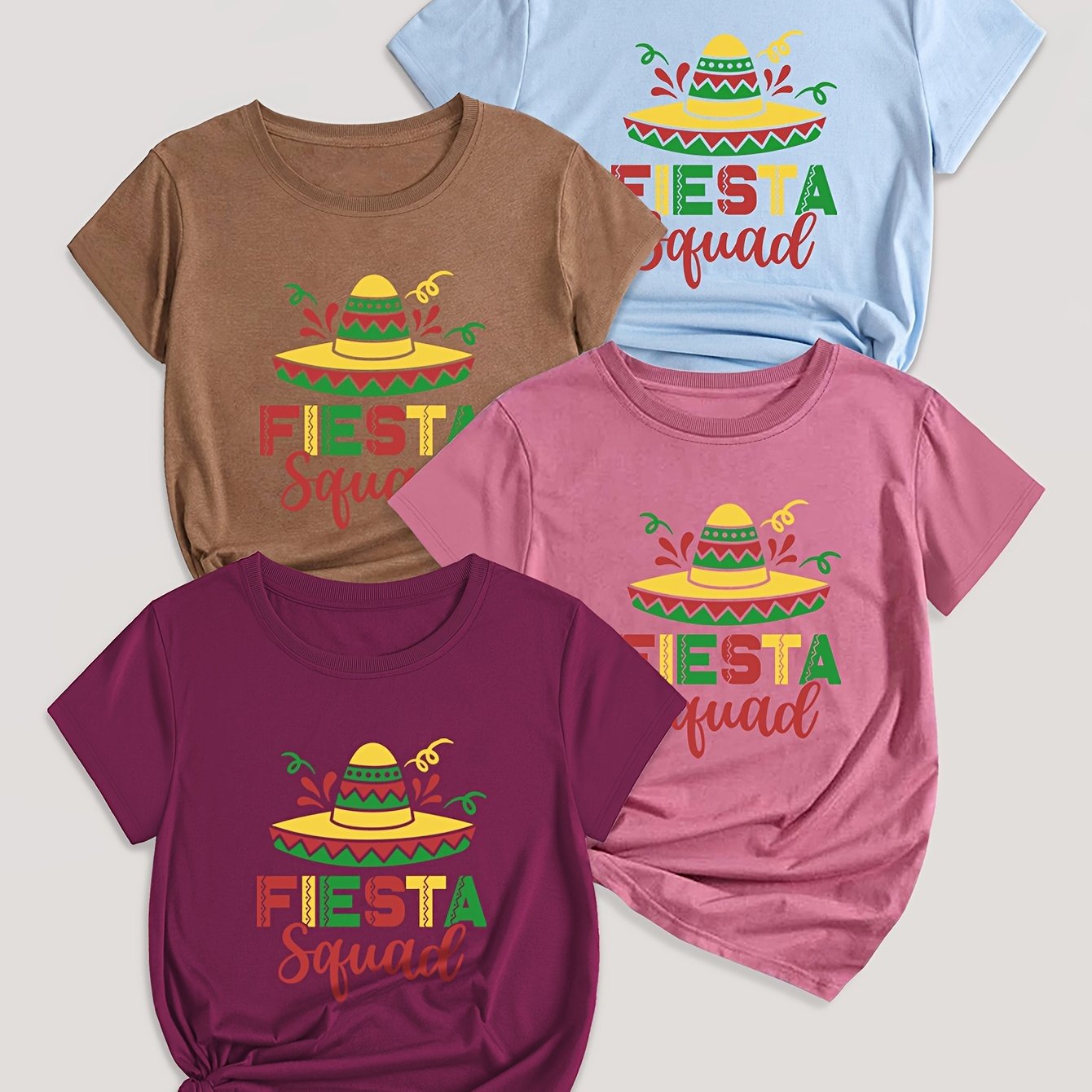 Letter Print T-shirt 4 Pack, Short Sleeve Crew Neck Casual Top For Summer & Spring, Women's Clothing