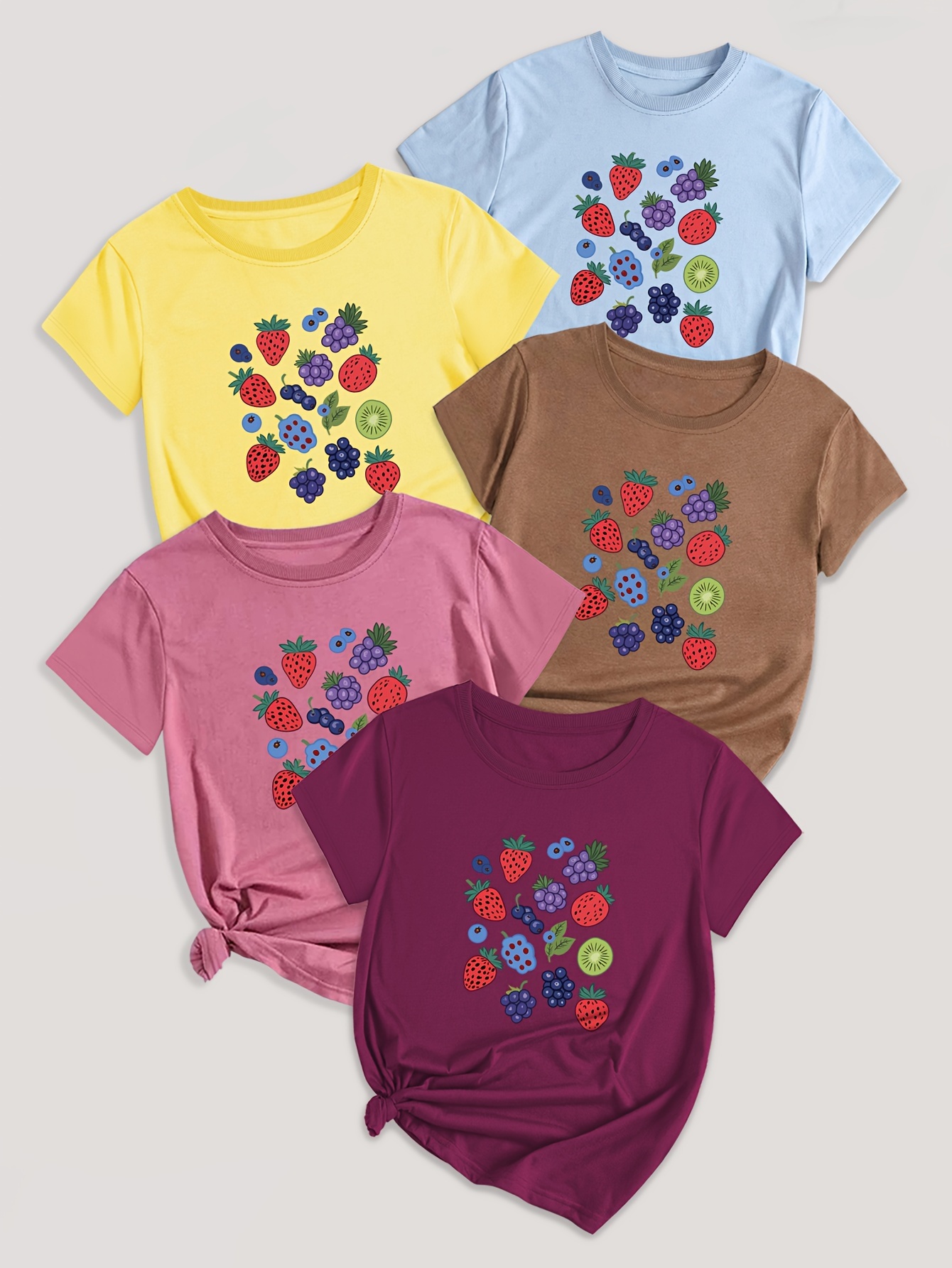 Fruit & Vegetable Print T-Shirt Set of 5 - Casual Polyester Blend Crew Neck Tees with Strawberry, Grape, Blueberry Designs - Knit Fabric, Regular Length for All Seasons