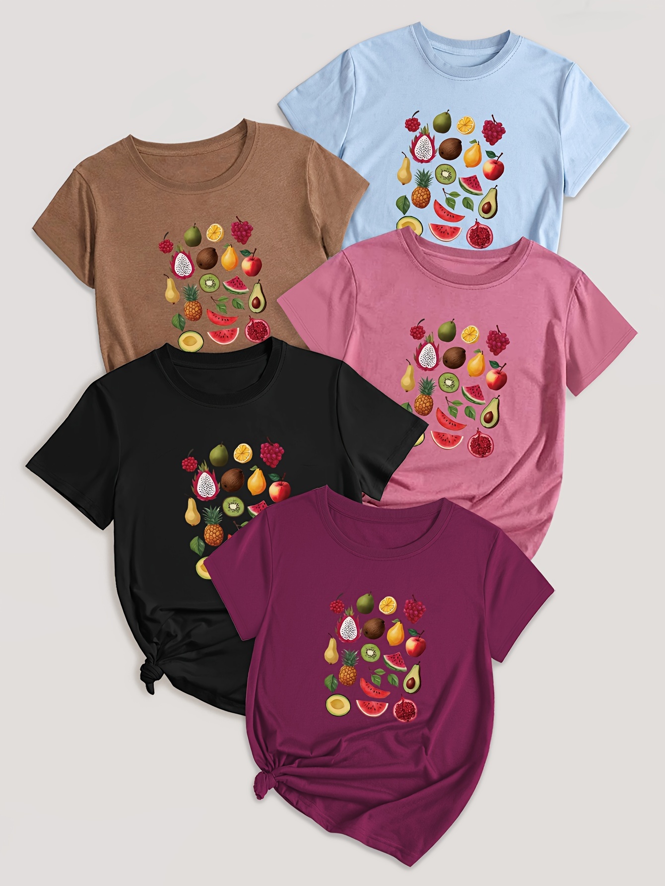 5-Pack Crew Neck T-Shirts with Cartoon Fruit & Vegetable Print - Casual Polyester Knit Fabric Tops - Regular Length, Stretchy Elastane Blend - All Season Graphic Tees