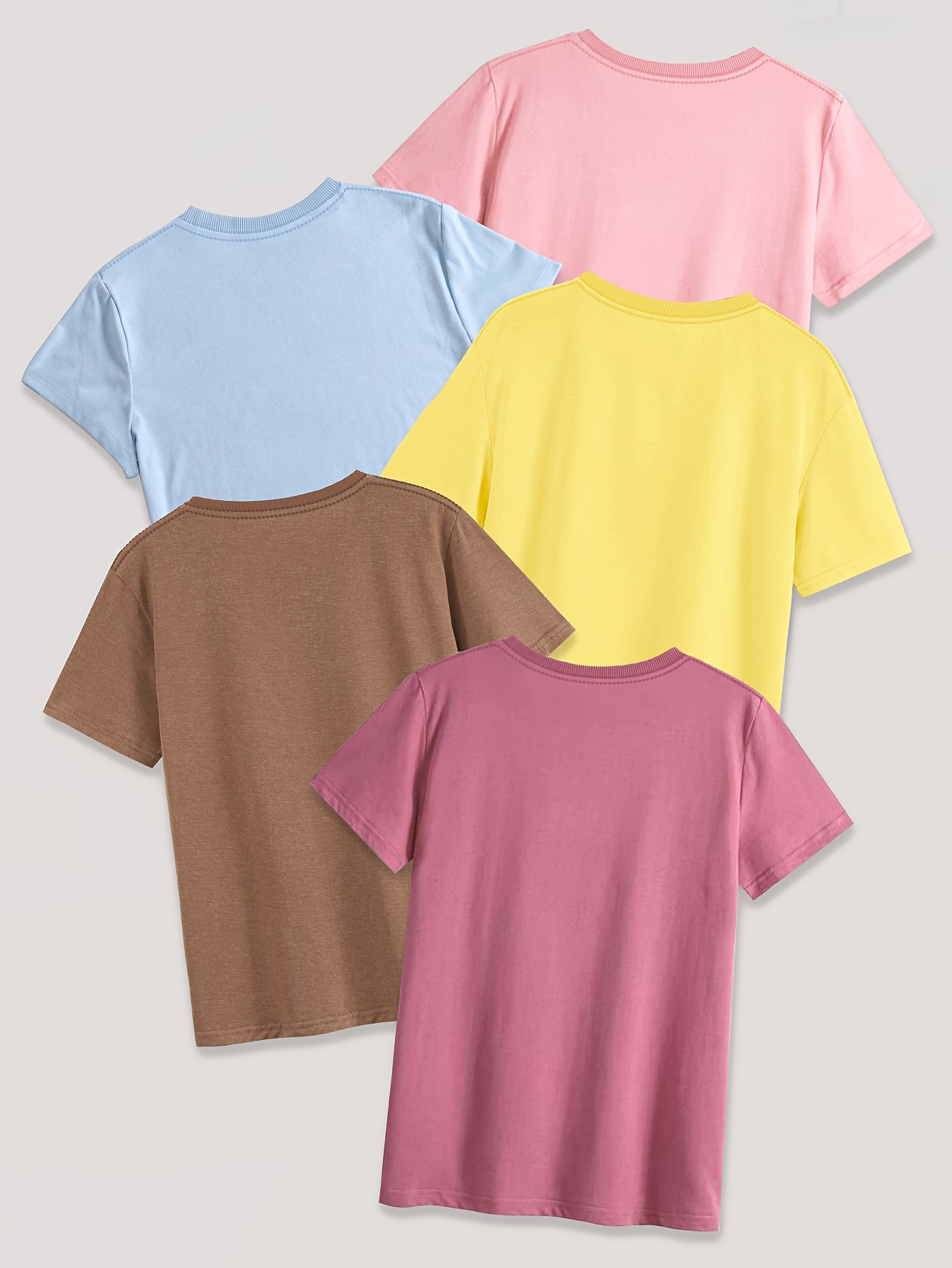 Fruit & Vegetable Print T-Shirt Set of 5 - Casual Polyester Blend Crew Neck Tees with Strawberry, Grape, Blueberry Designs - Knit Fabric, Regular Length for All Seasons