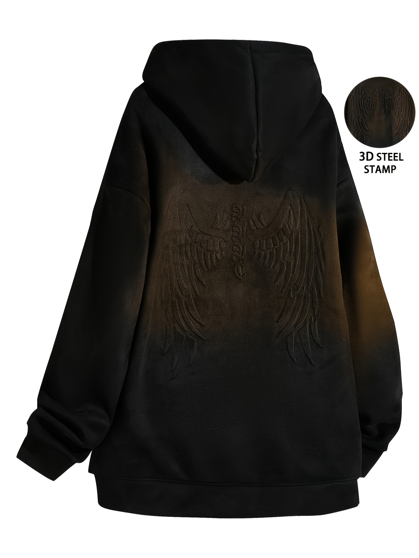 Men's Autumn And Winter Wings Pattern Letter Print Suede Hooded Long Sleeve Sweatshirt With A Kangaroo Pocket, Chic And Trendy Hoodie For Street Wear