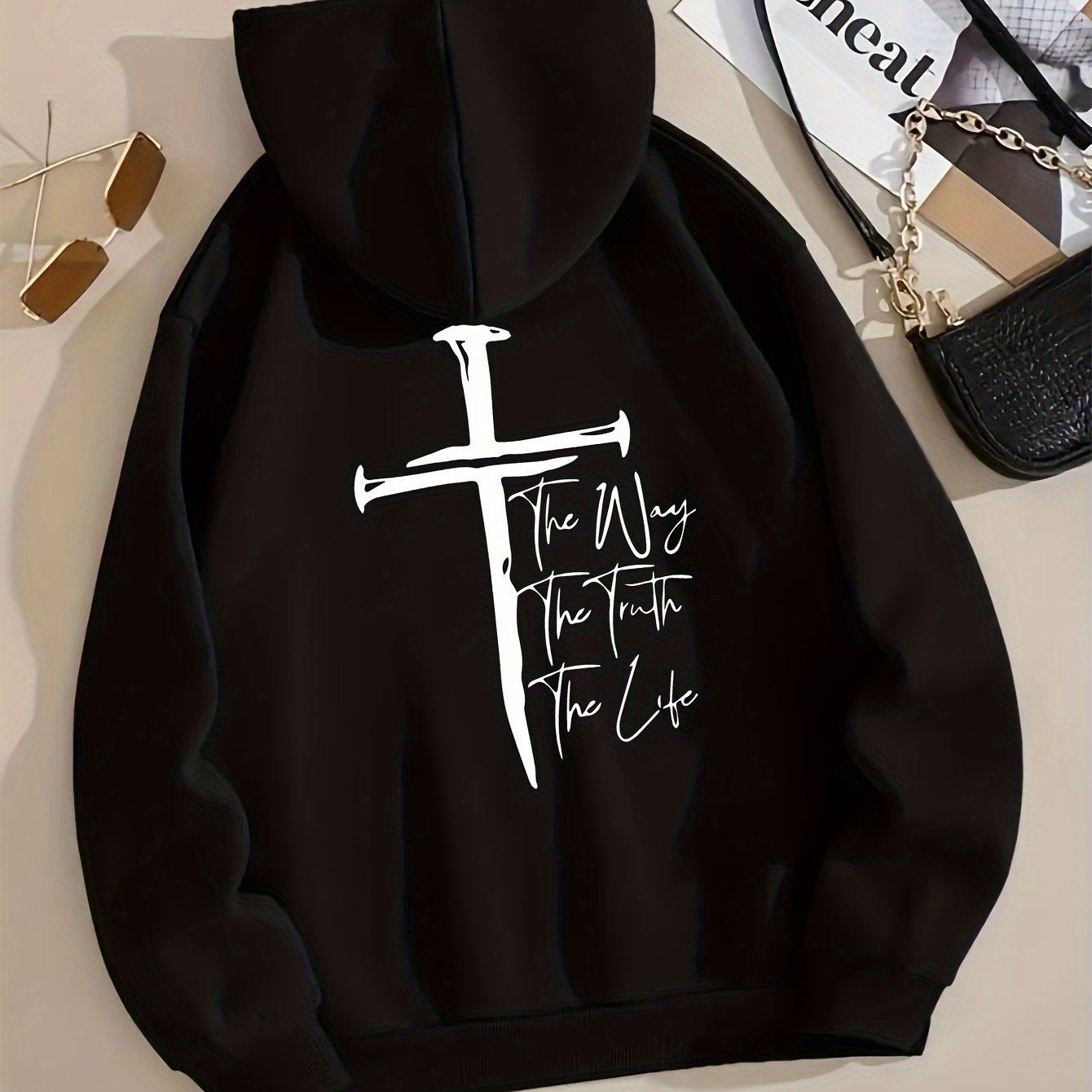 Art Letter Print Hoodie, Casual Kangaroo Pocket Long Sleeve Drop Shoulder Drawstring Hoodie For Fall & Winter, Women's Clothing