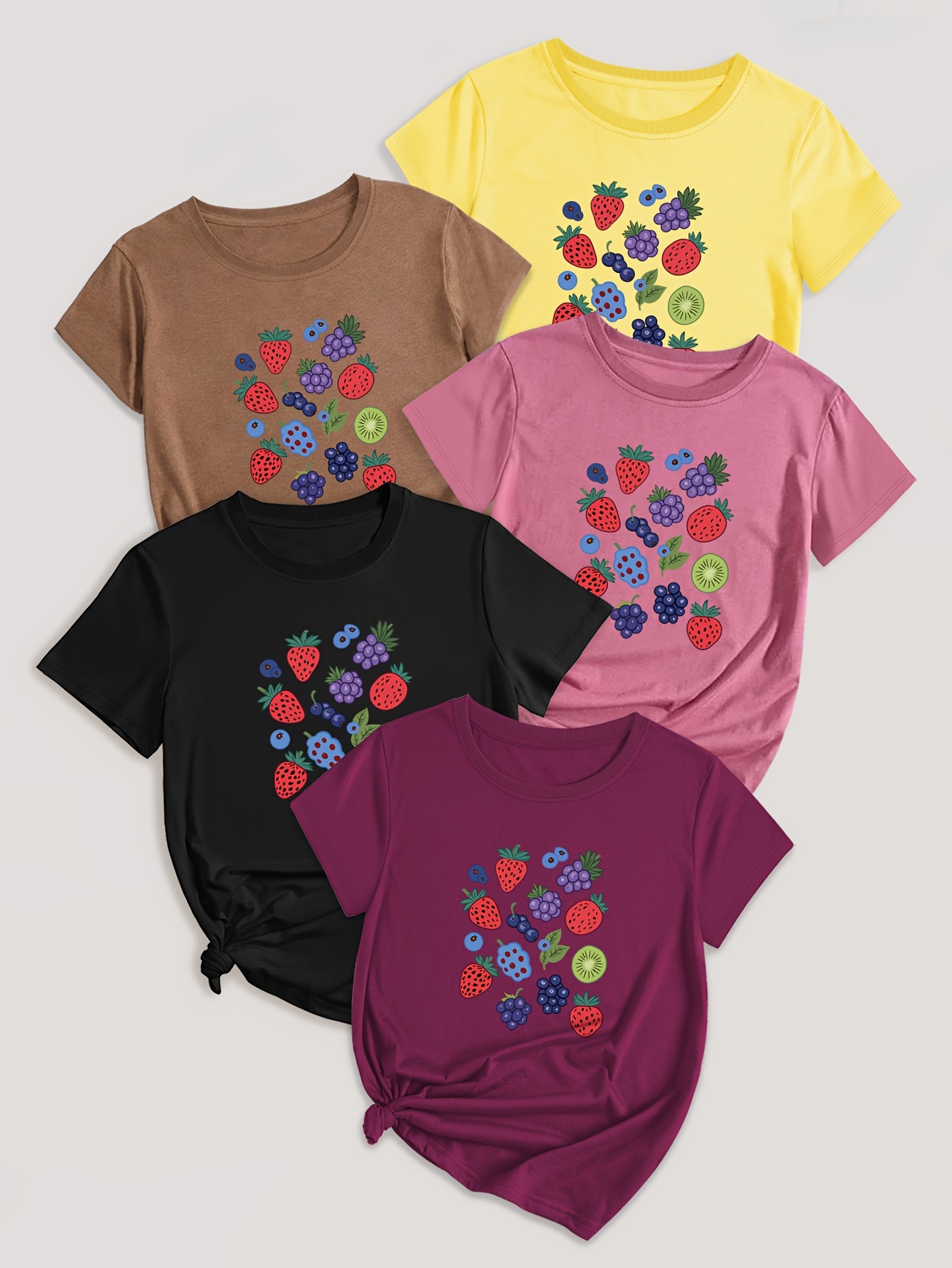 Fruit & Vegetable Print T-Shirt Set of 5 - Casual Polyester Blend Crew Neck Tees with Strawberry, Grape, Blueberry Designs - Knit Fabric, Regular Length for All Seasons