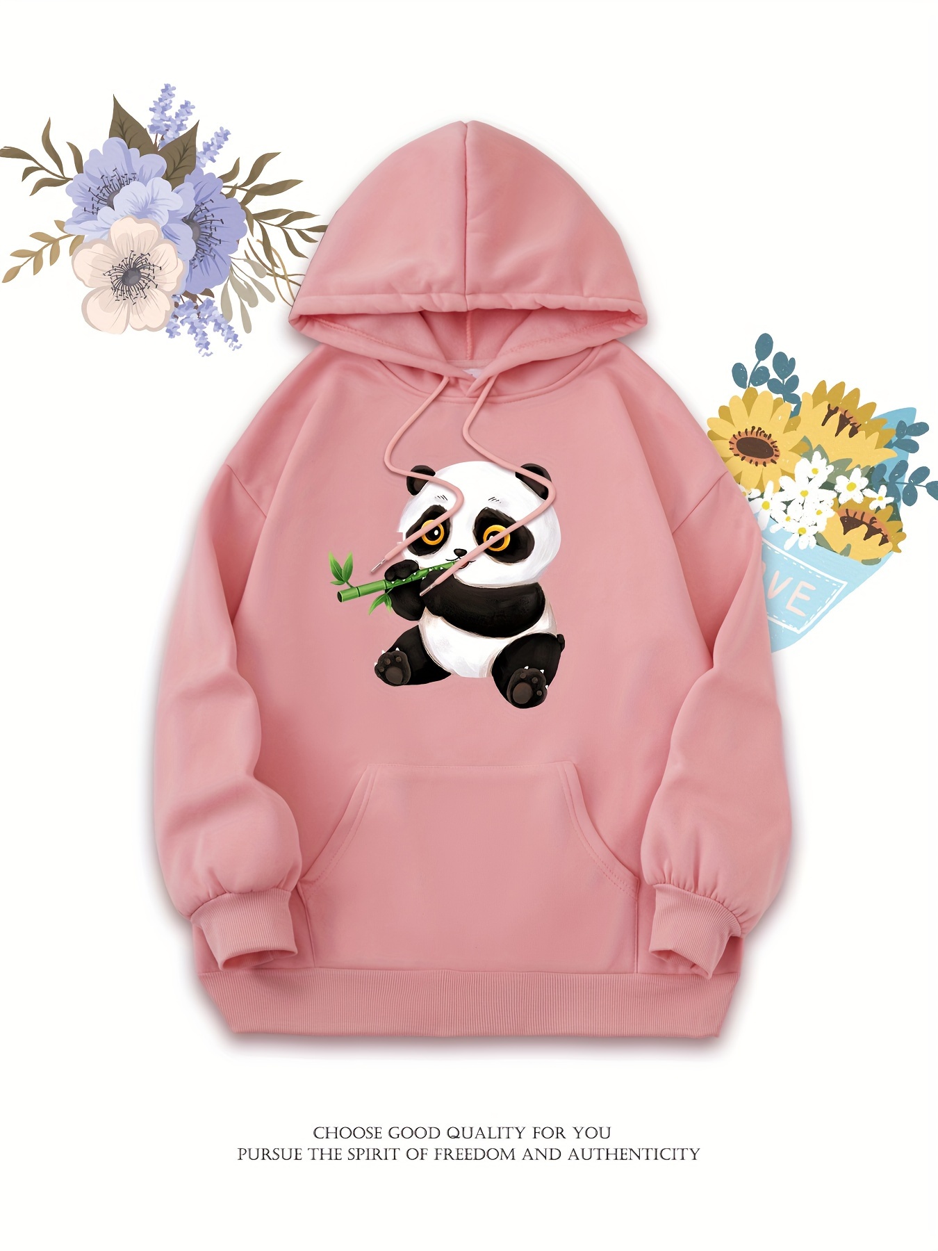 Cartoon Panda Print Drawstring Hooded Sweatshirt, Long Sleeves Kangaroo Pocket Casual Hoodie, Women's Activewear