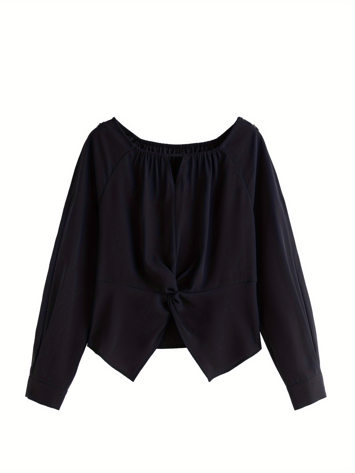 Twist Front Long Sleeve T-shirt, Casual Solid Color Crew Neck Hollow Top For Fall, Women's Clothing