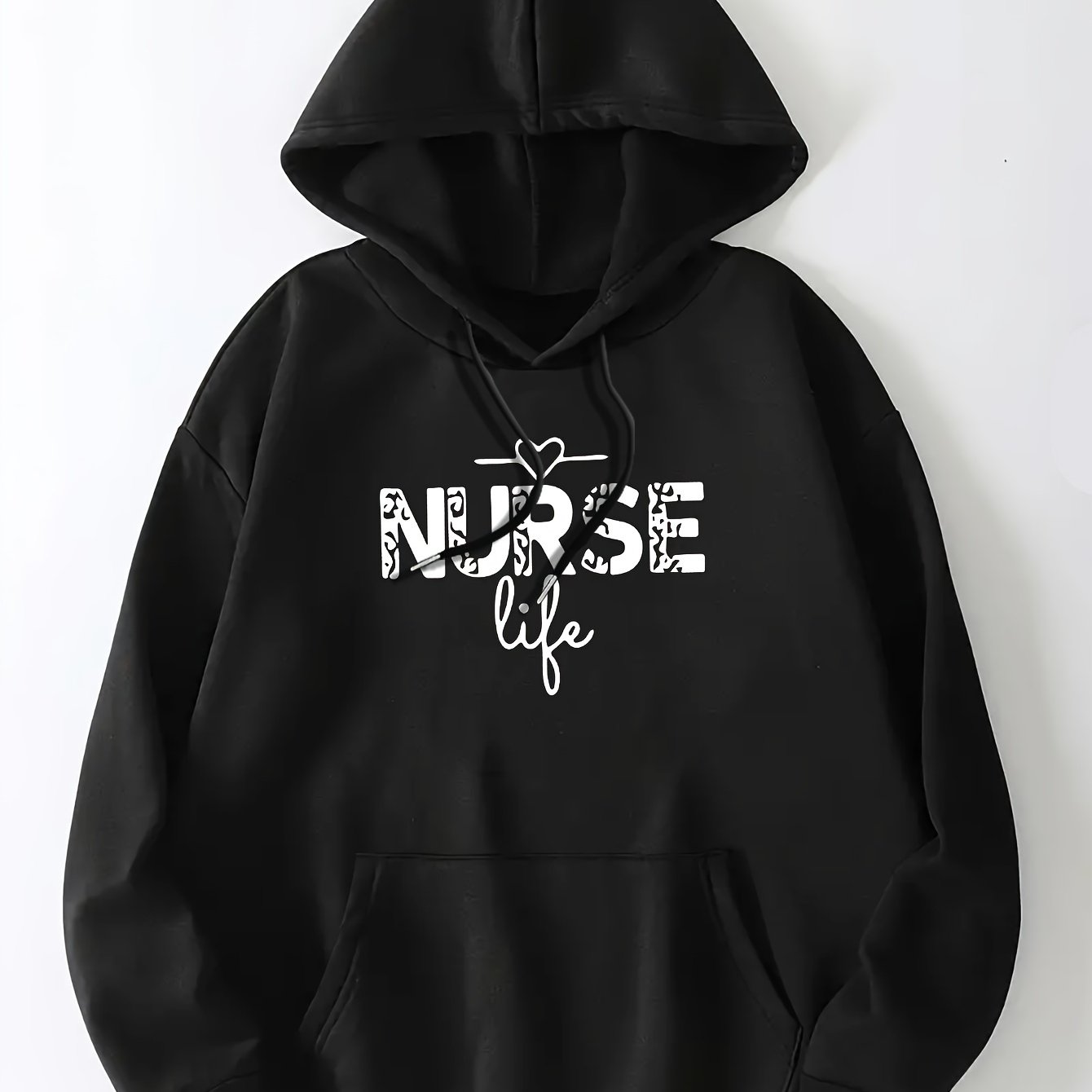 Art Letter Print Hoodie, Casual Kangaroo Pocket Long Sleeve Drop Shoulder Drawstring Hoodie For Fall & Winter, Women's Clothing