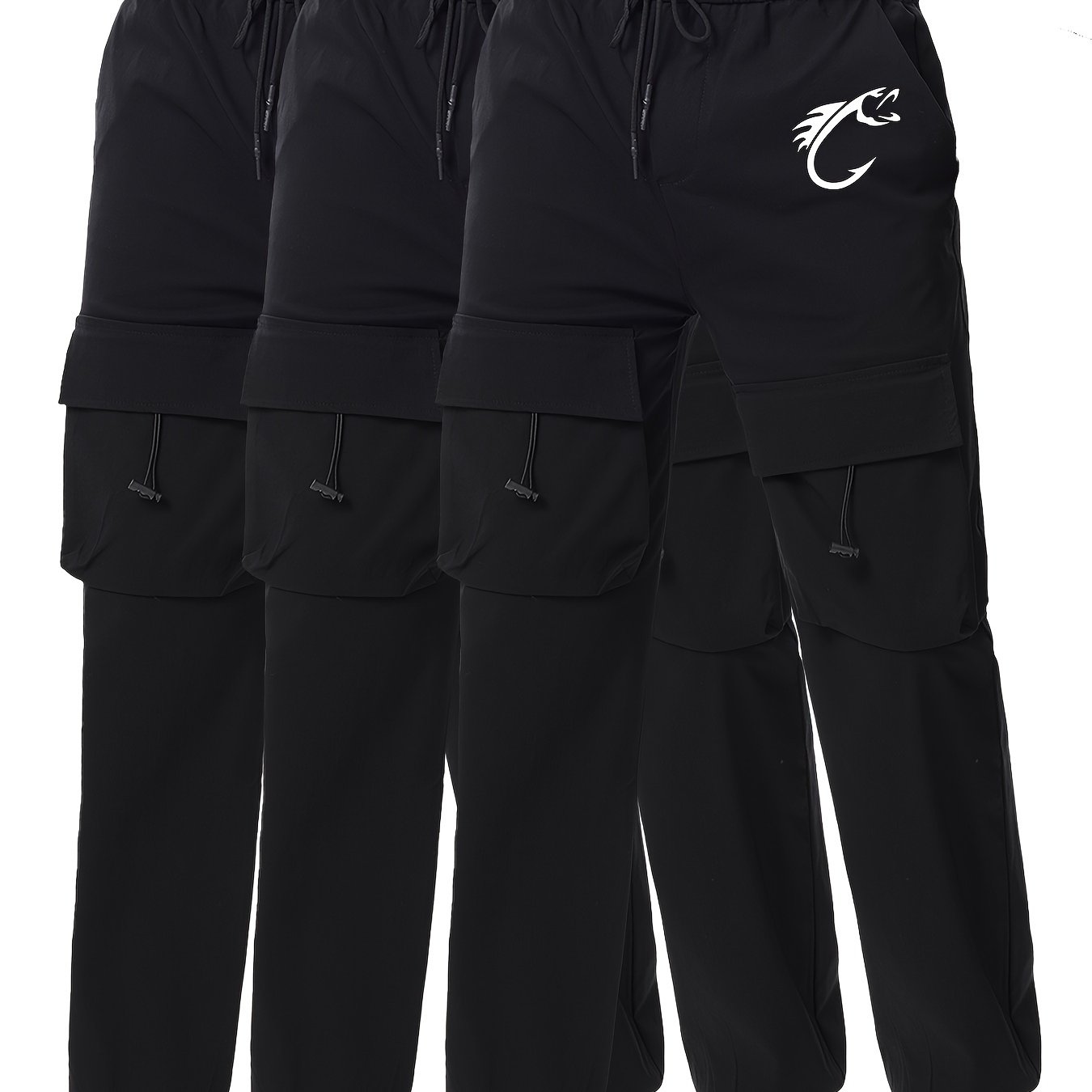 Fish Hook Pattern Print Men's Multi Pocket Drawstring Cargo Pants, Comfy Casual Cuffed Joggers Pants For Spring Summer Outdoor Fitness Holiday As Gifts