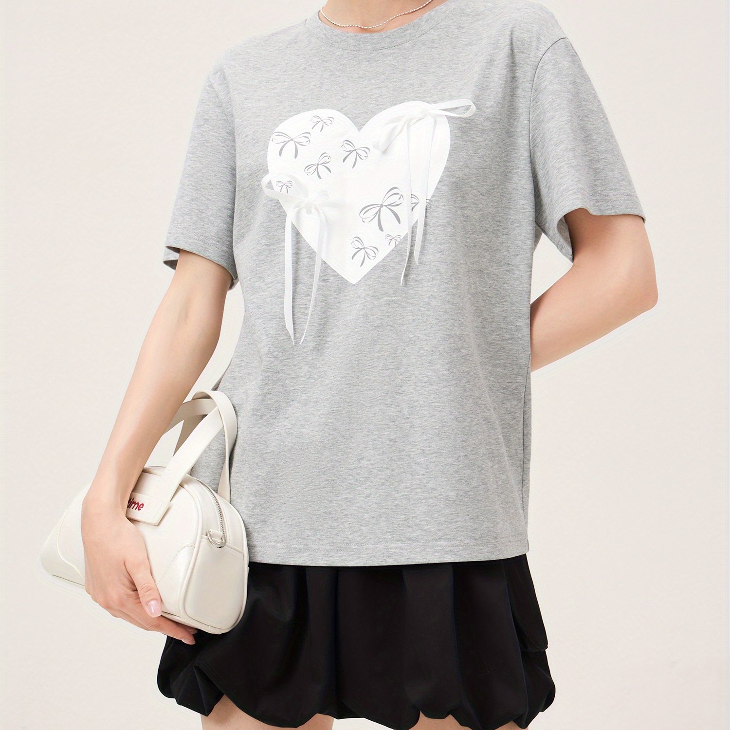 Heart Print Short Sleeve T-shirt, Casual Crew Neck Bow Decor Top For Spring & Summer, Women's Clothing