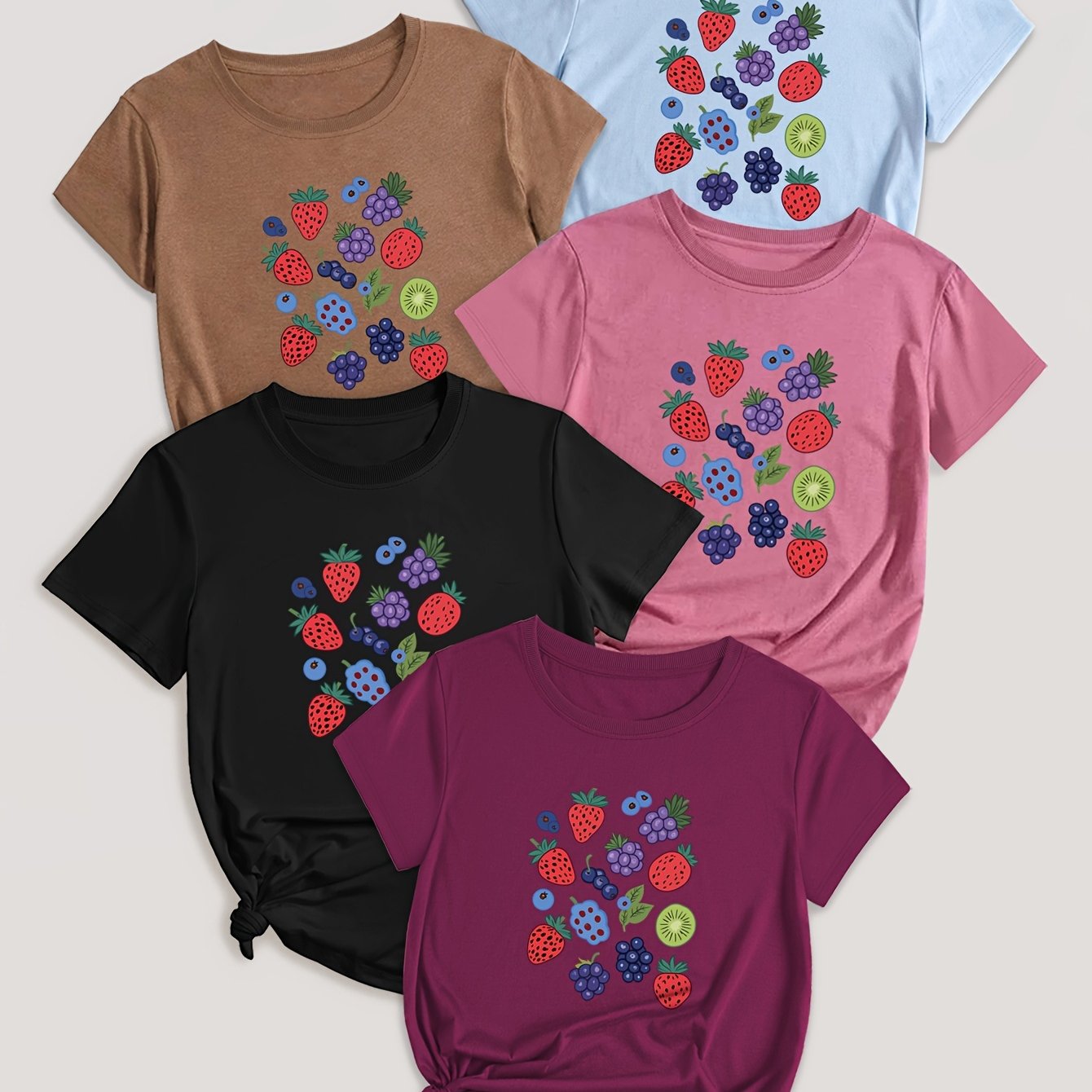 Fruit & Vegetable Print T-Shirt Set of 5 - Casual Polyester Blend Crew Neck Tees with Strawberry, Grape, Blueberry Designs - Knit Fabric, Regular Length for All Seasons