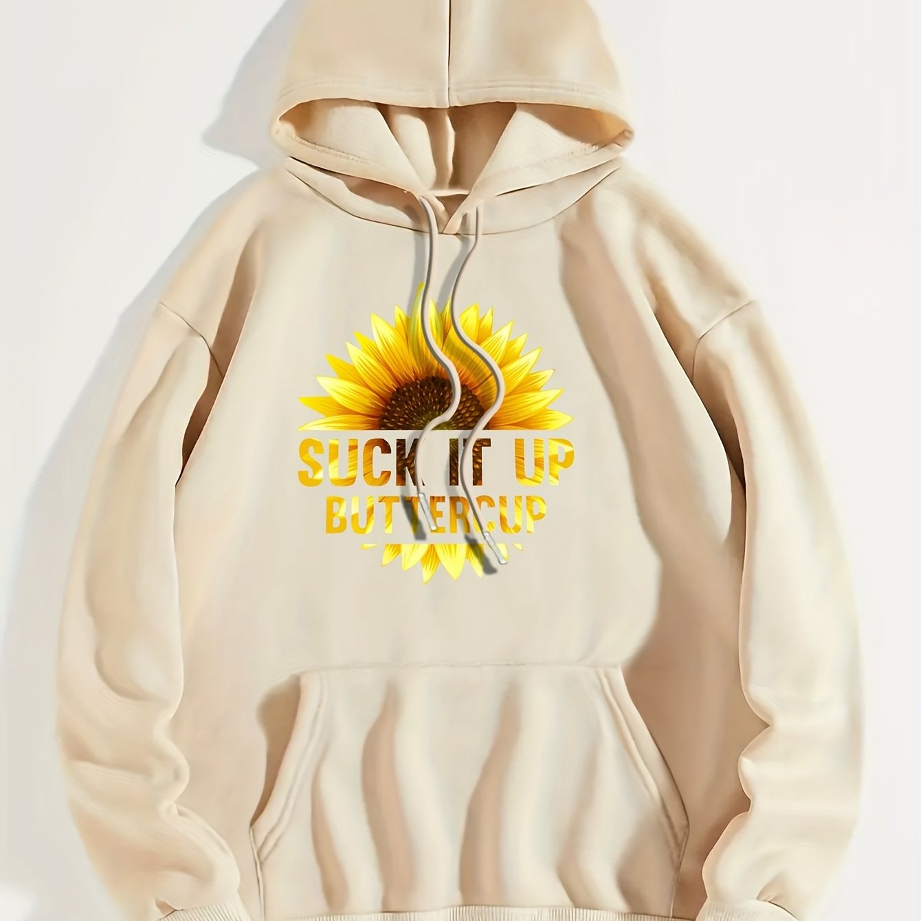 Sunflower Print Hoodie, Casual Kangaroo Pocket Long Sleeve Drop Shoulder Drawstring Hoodie For Fall & Winter, Women's Clothing