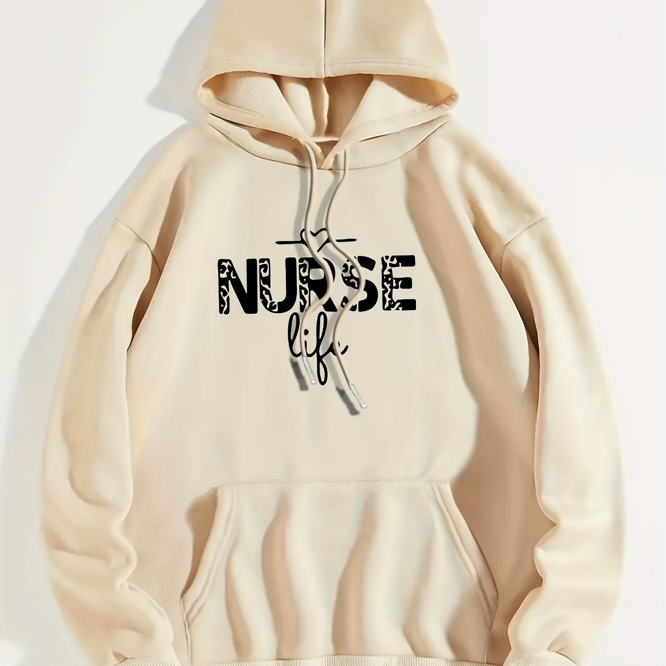 Art Letter Print Hoodie, Casual Kangaroo Pocket Long Sleeve Drop Shoulder Drawstring Hoodie For Fall & Winter, Women's Clothing