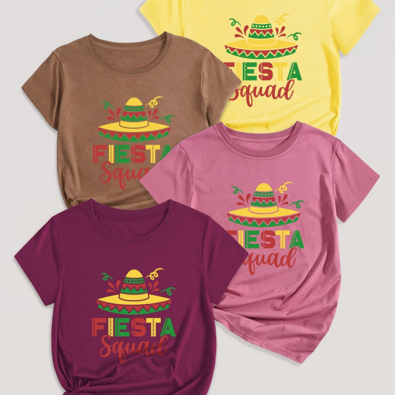 Letter Print T-shirt 4 Pack, Short Sleeve Crew Neck Casual Top For Summer & Spring, Women's Clothing