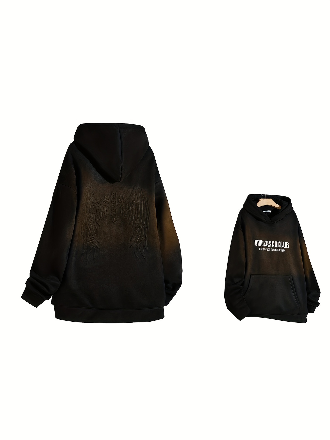 Men's Autumn And Winter Wings Pattern Letter Print Suede Hooded Long Sleeve Sweatshirt With A Kangaroo Pocket, Chic And Trendy Hoodie For Street Wear