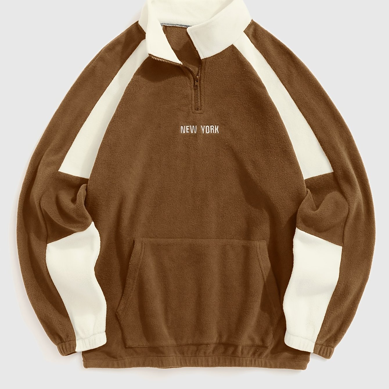 Men's Colour Block Embroidered Quarter Zip Kangaroo Pocket Polar Shaker Stand Collar Pullover Sweatshirt