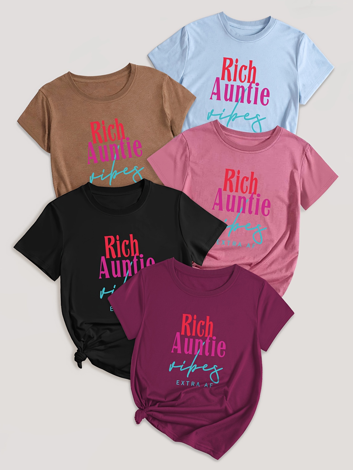 5 Pack Letter Print T-shirt, Short Sleeve Crew Neck Casual Top For Summer & Spring, Women's Clothing