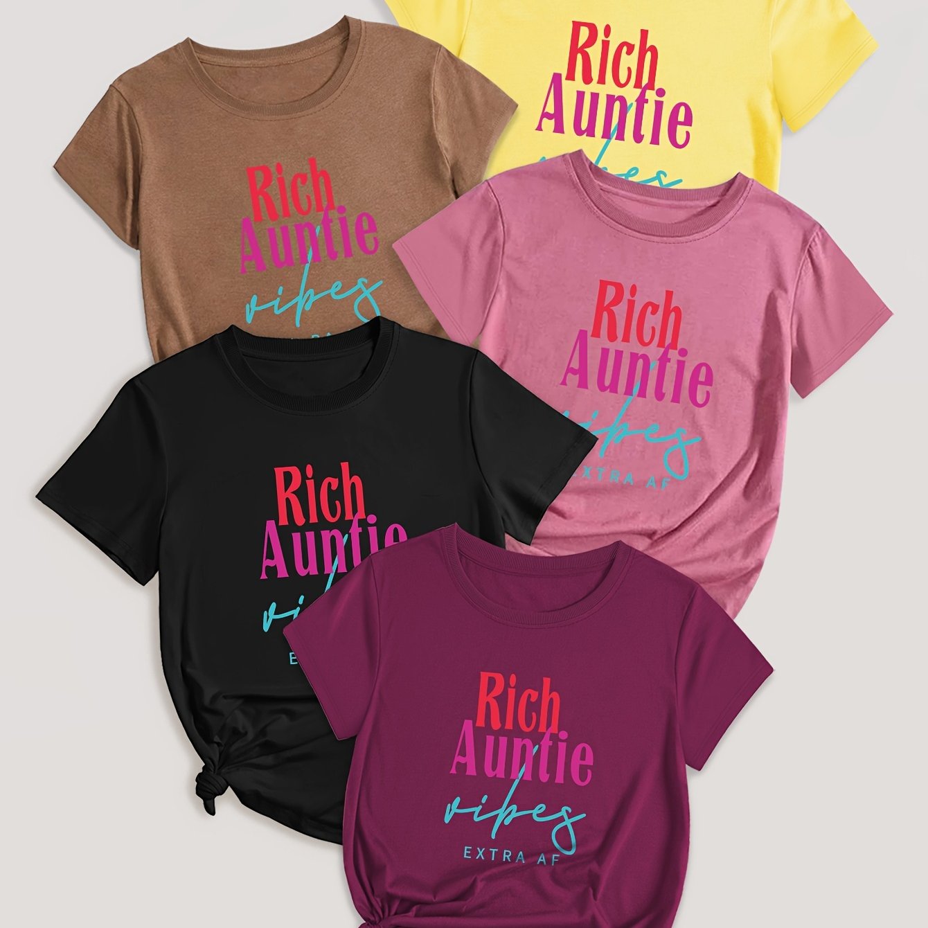 5 Pack Letter Print T-shirt, Short Sleeve Crew Neck Casual Top For Summer & Spring, Women's Clothing