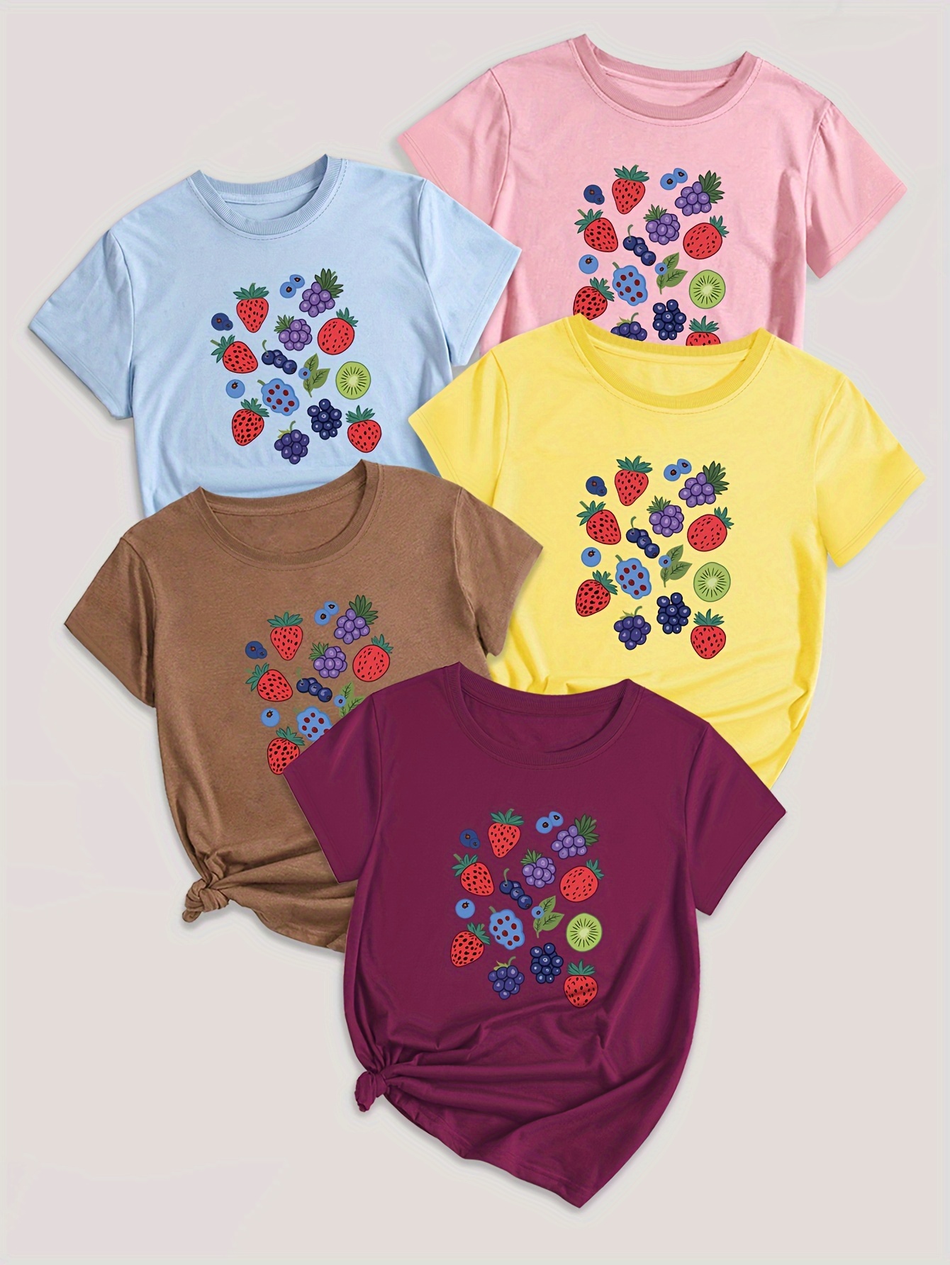 Fruit & Vegetable Print T-Shirt Set of 5 - Casual Polyester Blend Crew Neck Tees with Strawberry, Grape, Blueberry Designs - Knit Fabric, Regular Length for All Seasons