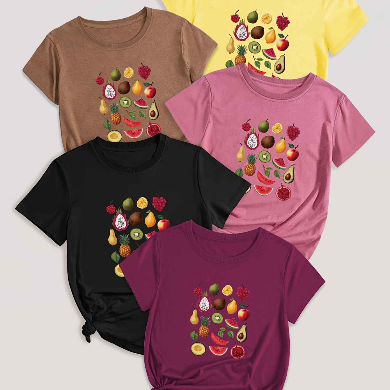 5-Pack Crew Neck T-Shirts with Cartoon Fruit & Vegetable Print - Casual Polyester Knit Fabric Tops - Regular Length, Stretchy Elastane Blend - All Season Graphic Tees