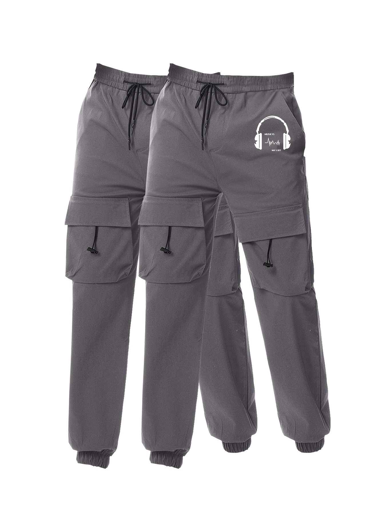 Men's Earphone Letter Print Drawstring Sweatpants, Casual Slightly Stretch Pants For All Seasons