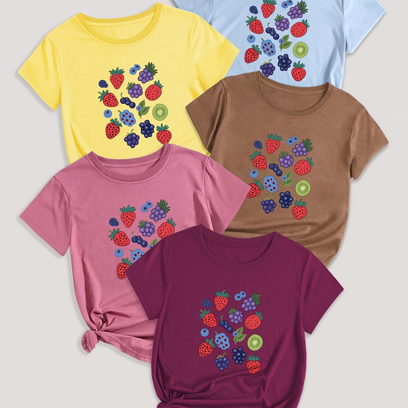 Fruit & Vegetable Print T-Shirt Set of 5 - Casual Polyester Blend Crew Neck Tees with Strawberry, Grape, Blueberry Designs - Knit Fabric, Regular Length for All Seasons