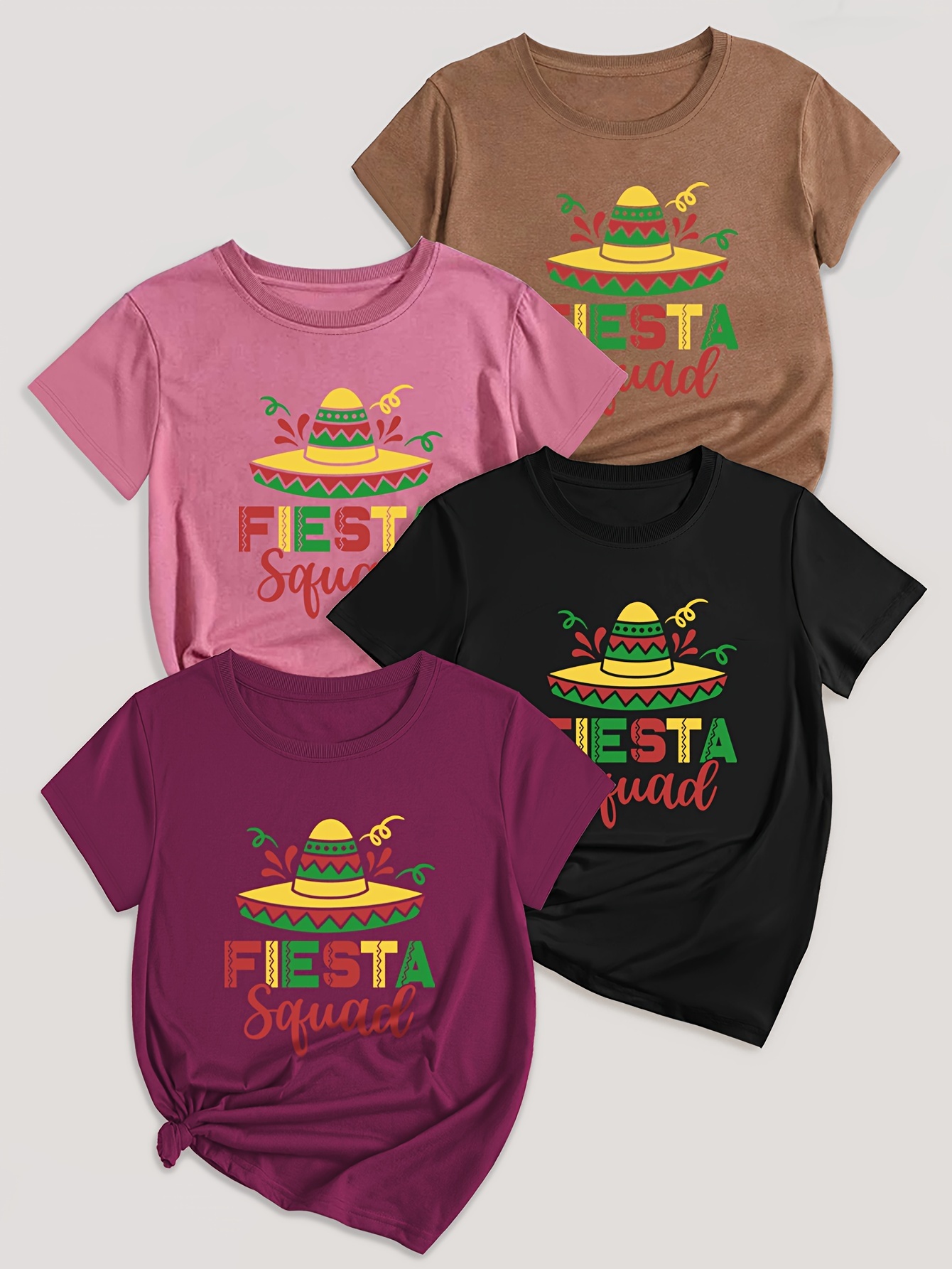 Letter Print T-shirt 4 Pack, Short Sleeve Crew Neck Casual Top For Summer & Spring, Women's Clothing