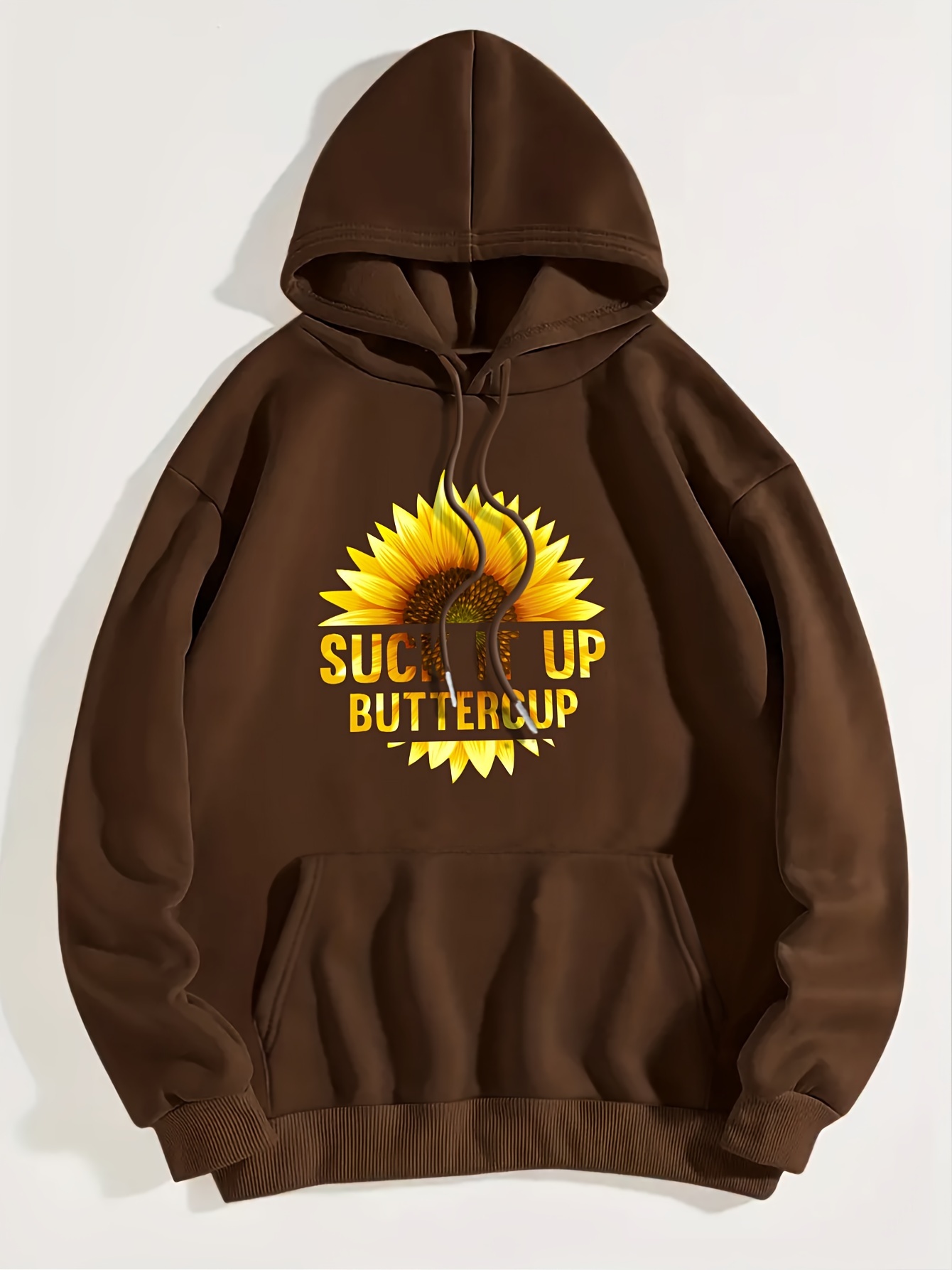 Sunflower Print Hoodie, Casual Kangaroo Pocket Long Sleeve Drop Shoulder Drawstring Hoodie For Fall & Winter, Women's Clothing