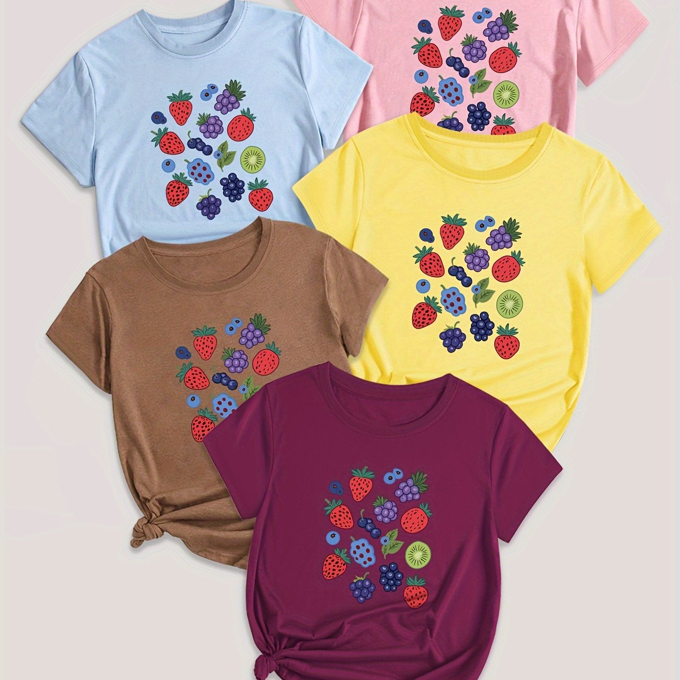 Fruit & Vegetable Print T-Shirt Set of 5 - Casual Polyester Blend Crew Neck Tees with Strawberry, Grape, Blueberry Designs - Knit Fabric, Regular Length for All Seasons