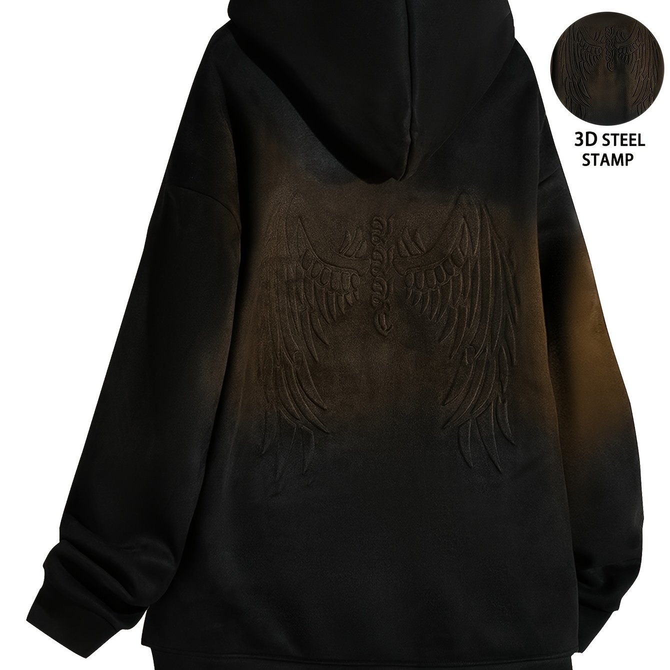 Men's Autumn And Winter Wings Pattern Letter Print Suede Hooded Long Sleeve Sweatshirt With A Kangaroo Pocket, Chic And Trendy Hoodie For Street Wear