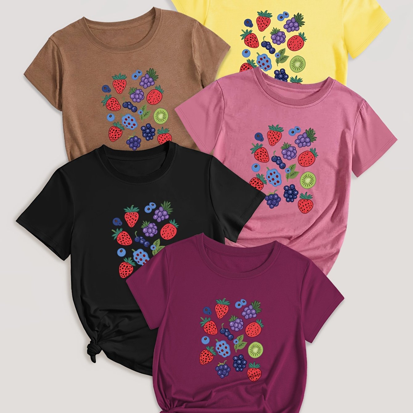 Fruit & Vegetable Print T-Shirt Set of 5 - Casual Polyester Blend Crew Neck Tees with Strawberry, Grape, Blueberry Designs - Knit Fabric, Regular Length for All Seasons