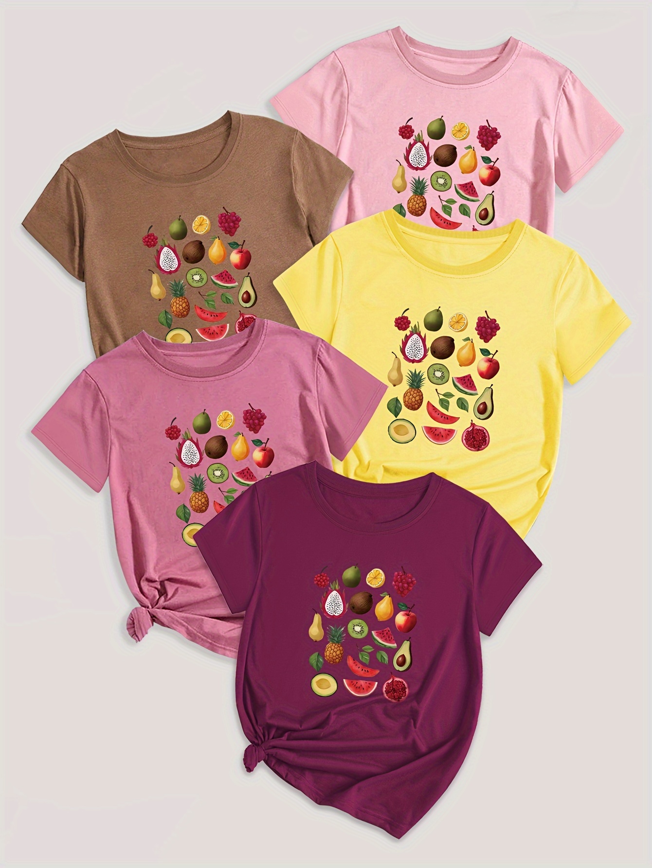 5-Pack Crew Neck T-Shirts with Cartoon Fruit & Vegetable Print - Casual Polyester Knit Fabric Tops - Regular Length, Stretchy Elastane Blend - All Season Graphic Tees