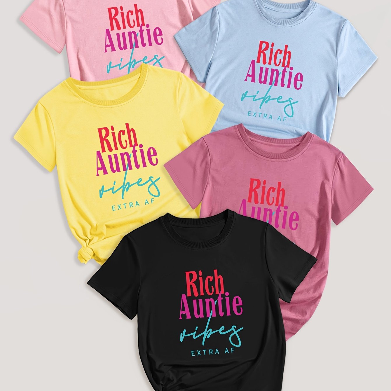 5 Pack Letter Print T-shirt, Short Sleeve Crew Neck Casual Top For Summer & Spring, Women's Clothing