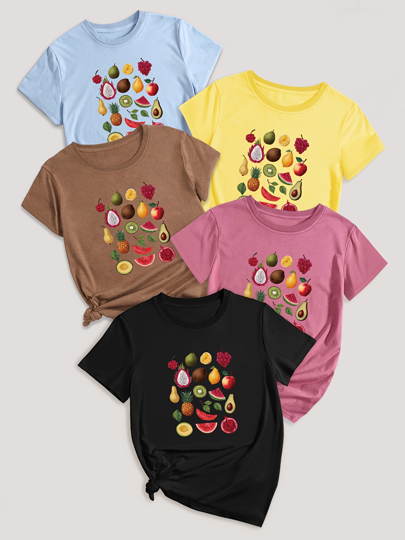 5-Pack Crew Neck T-Shirts with Cartoon Fruit & Vegetable Print - Casual Polyester Knit Fabric Tops - Regular Length, Stretchy Elastane Blend - All Season Graphic Tees