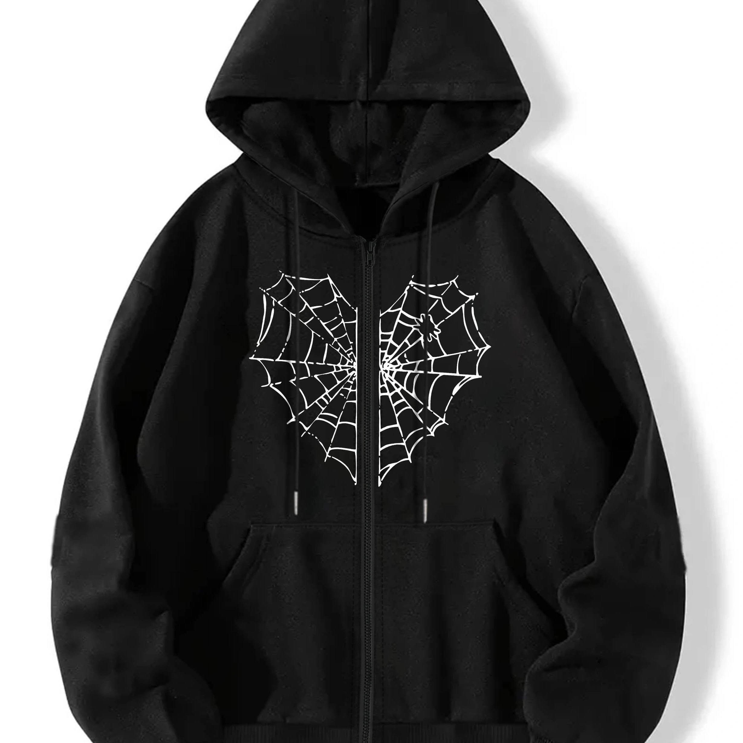 Halloween Spider Net Heart Print Fleece Hooded Sweatshirt - Active Sweatshirts with Zip Up Drawstring, Long Sleeve, Sporty Design, Women's Fashion Halloween Apparel, Casual Sports Jacket for Outdoor Activities