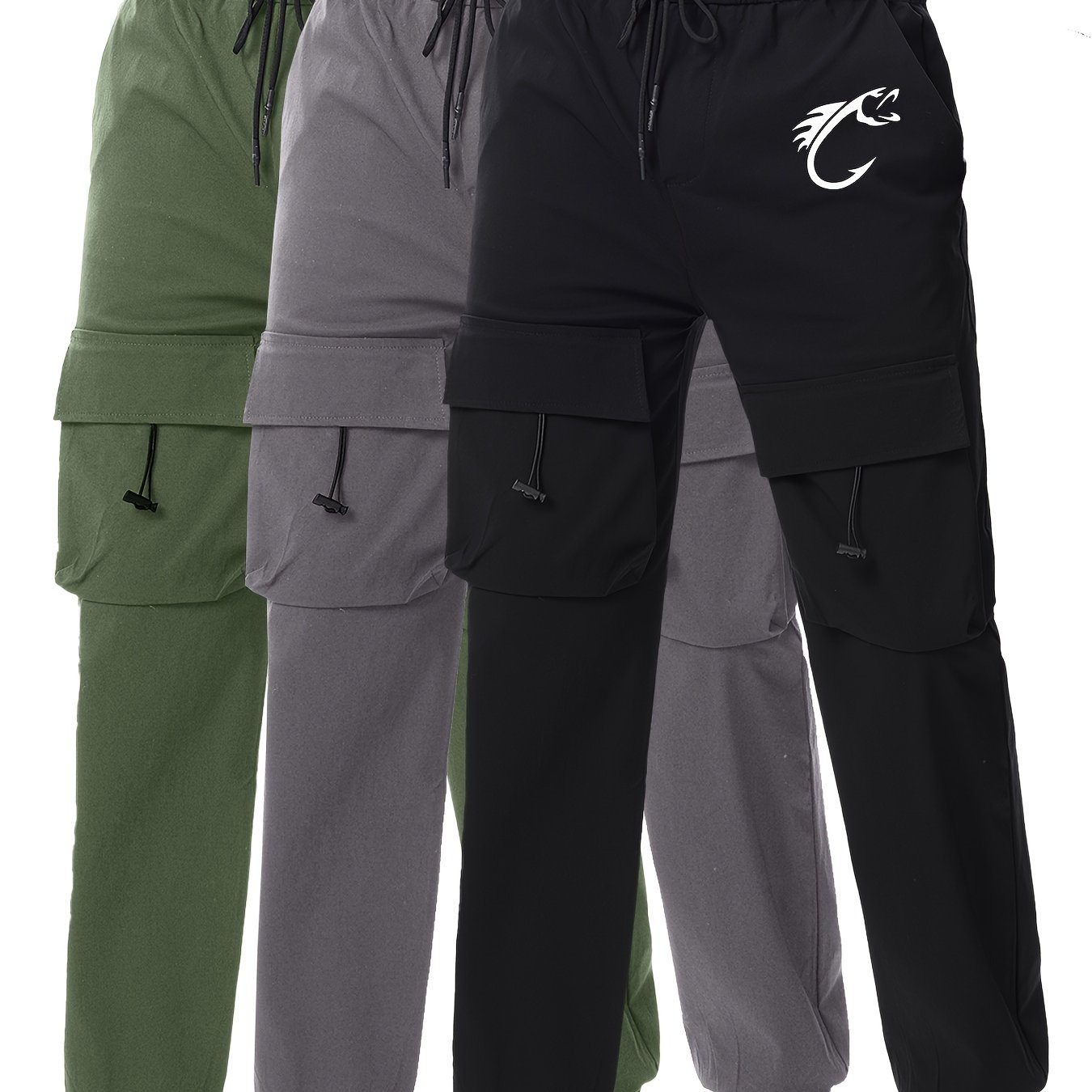 Fish Hook Pattern Print Men's Multi Pocket Drawstring Cargo Pants, Comfy Casual Cuffed Joggers Pants For Spring Summer Outdoor Fitness Holiday As Gifts