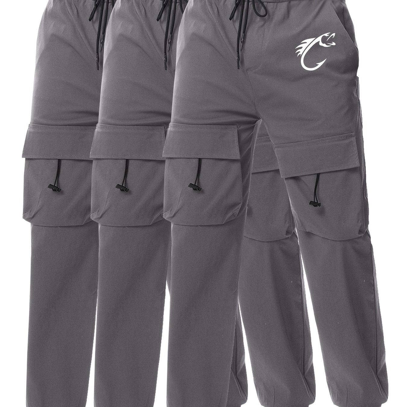 Fish Hook Pattern Print Men's Multi Pocket Drawstring Cargo Pants, Comfy Casual Cuffed Joggers Pants For Spring Summer Outdoor Fitness Holiday As Gifts