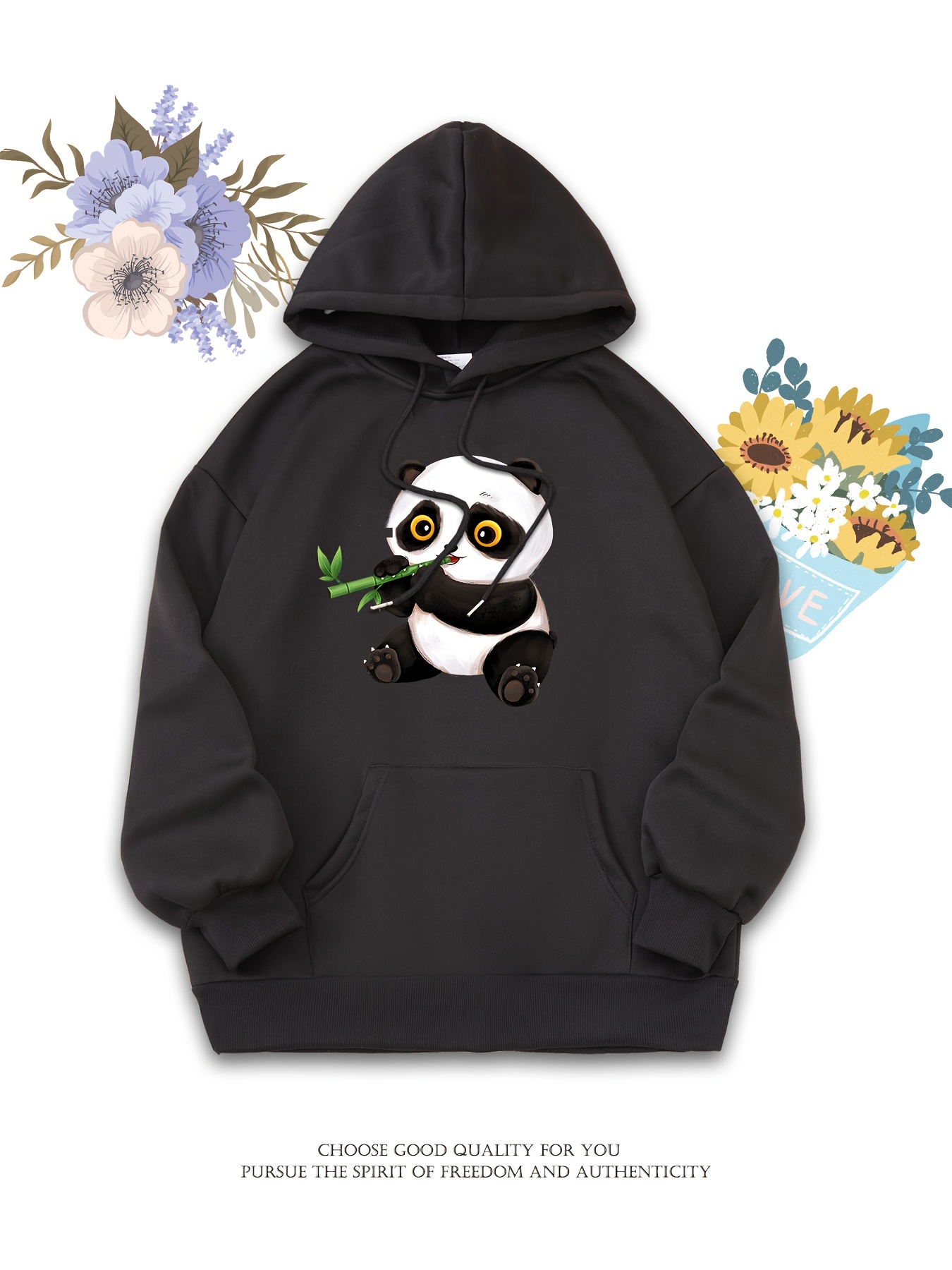 Cartoon Panda Print Drawstring Hooded Sweatshirt, Long Sleeves Kangaroo Pocket Casual Hoodie, Women's Activewear