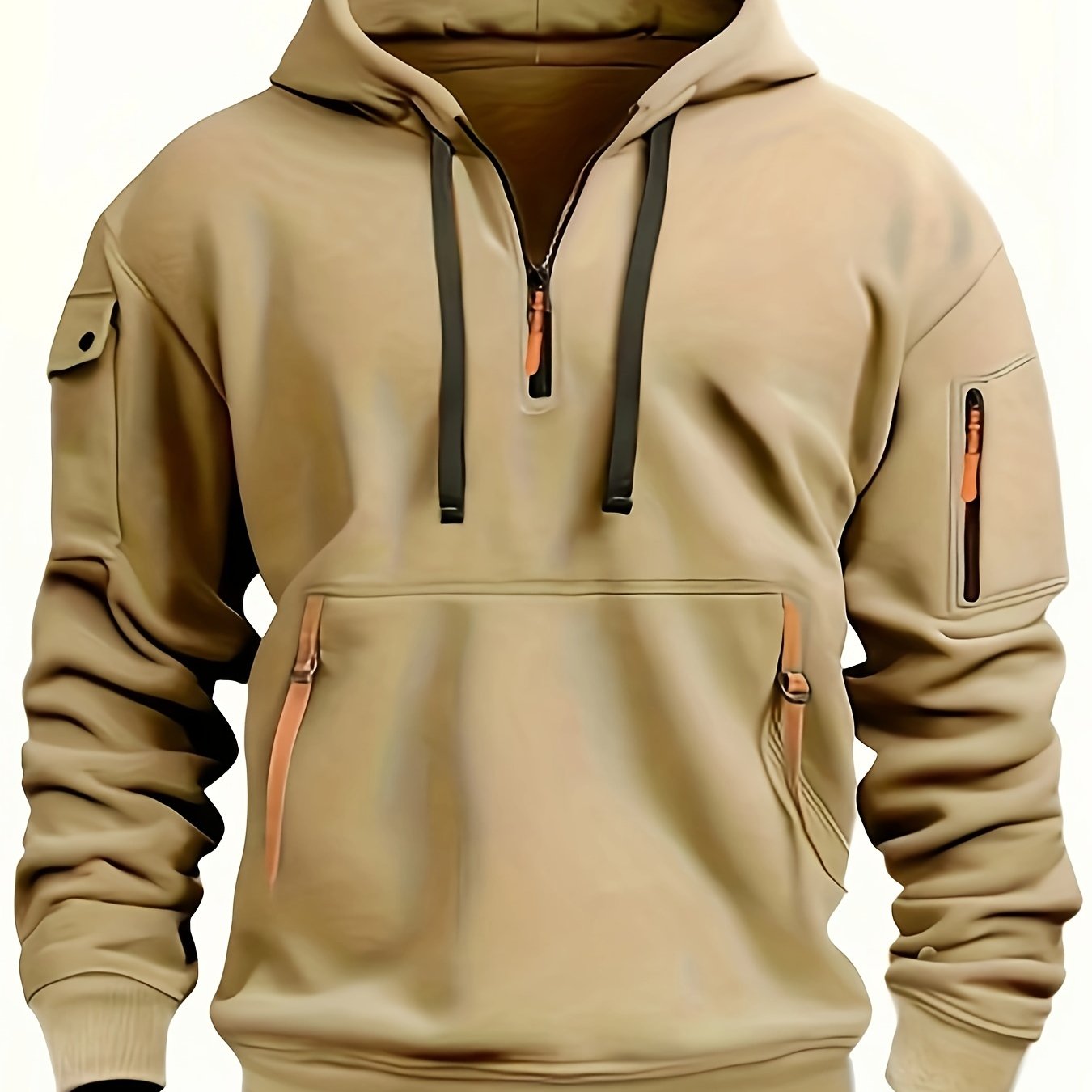 Men's Quarter-Zip Hoodie With Pockets, Men's Spring And Autumn Fashionable Pullover