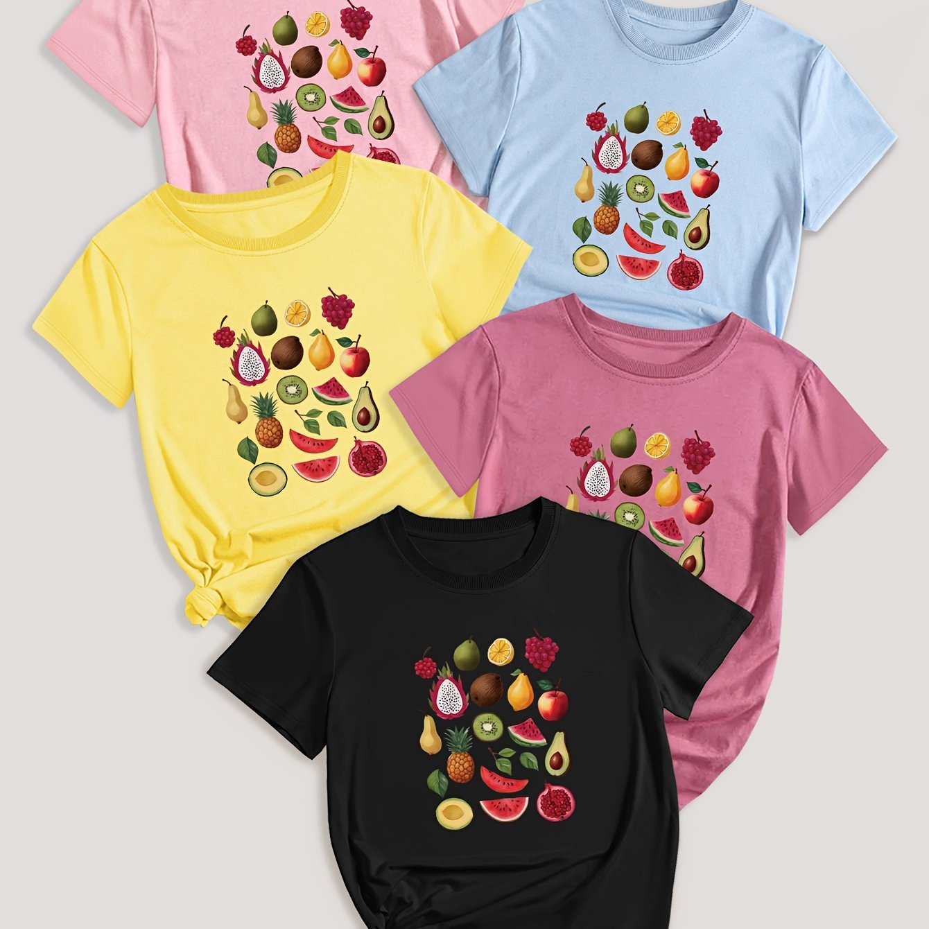 5-Pack Crew Neck T-Shirts with Cartoon Fruit & Vegetable Print - Casual Polyester Knit Fabric Tops - Regular Length, Stretchy Elastane Blend - All Season Graphic Tees