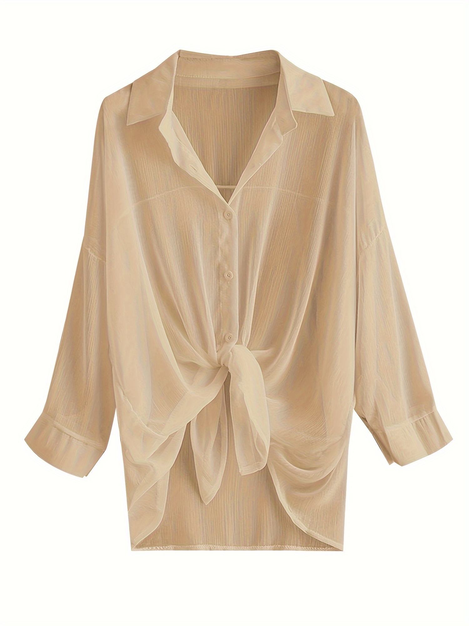 Button Up Collared Cover Up Shirt, Casual Long Sleeve Chiffon Beachwear Shirt, Women's Clothing