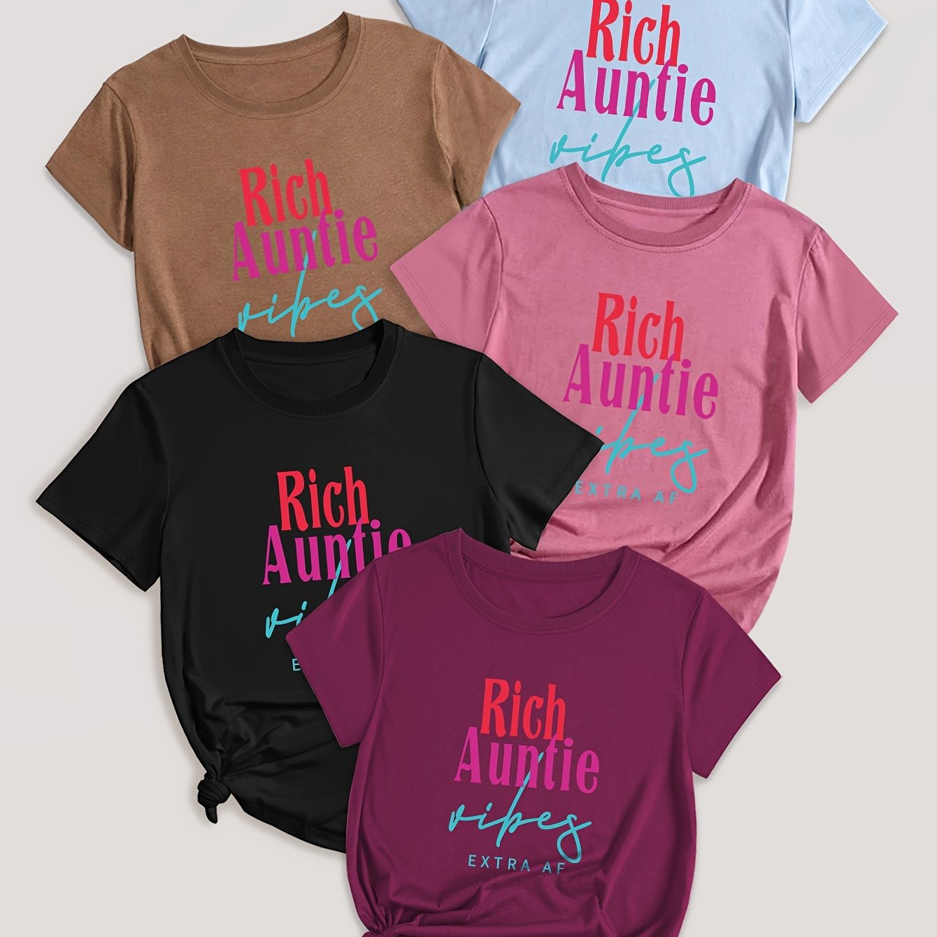 5 Pack Letter Print T-shirt, Short Sleeve Crew Neck Casual Top For Summer & Spring, Women's Clothing