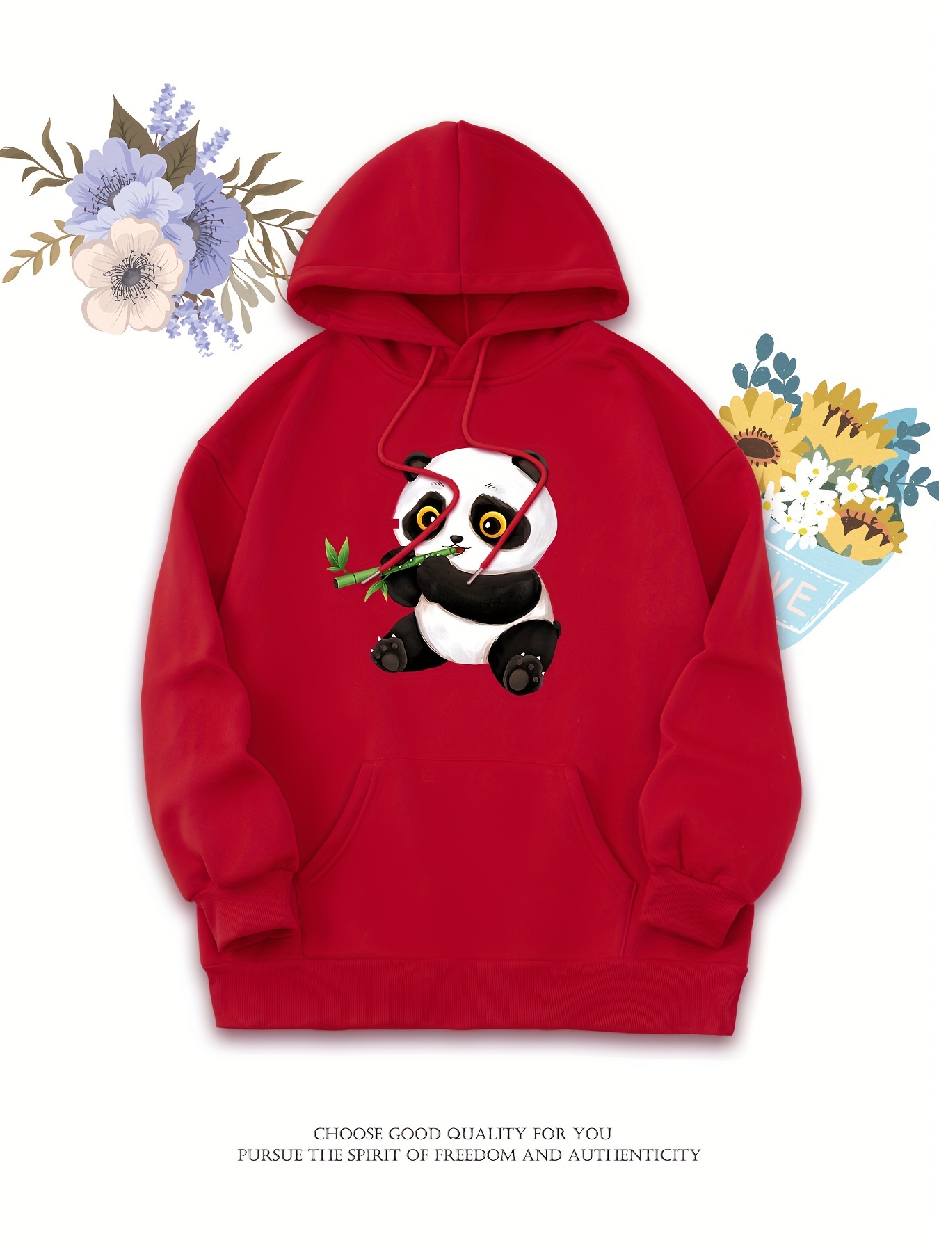 Cartoon Panda Print Drawstring Hooded Sweatshirt, Long Sleeves Kangaroo Pocket Casual Hoodie, Women's Activewear