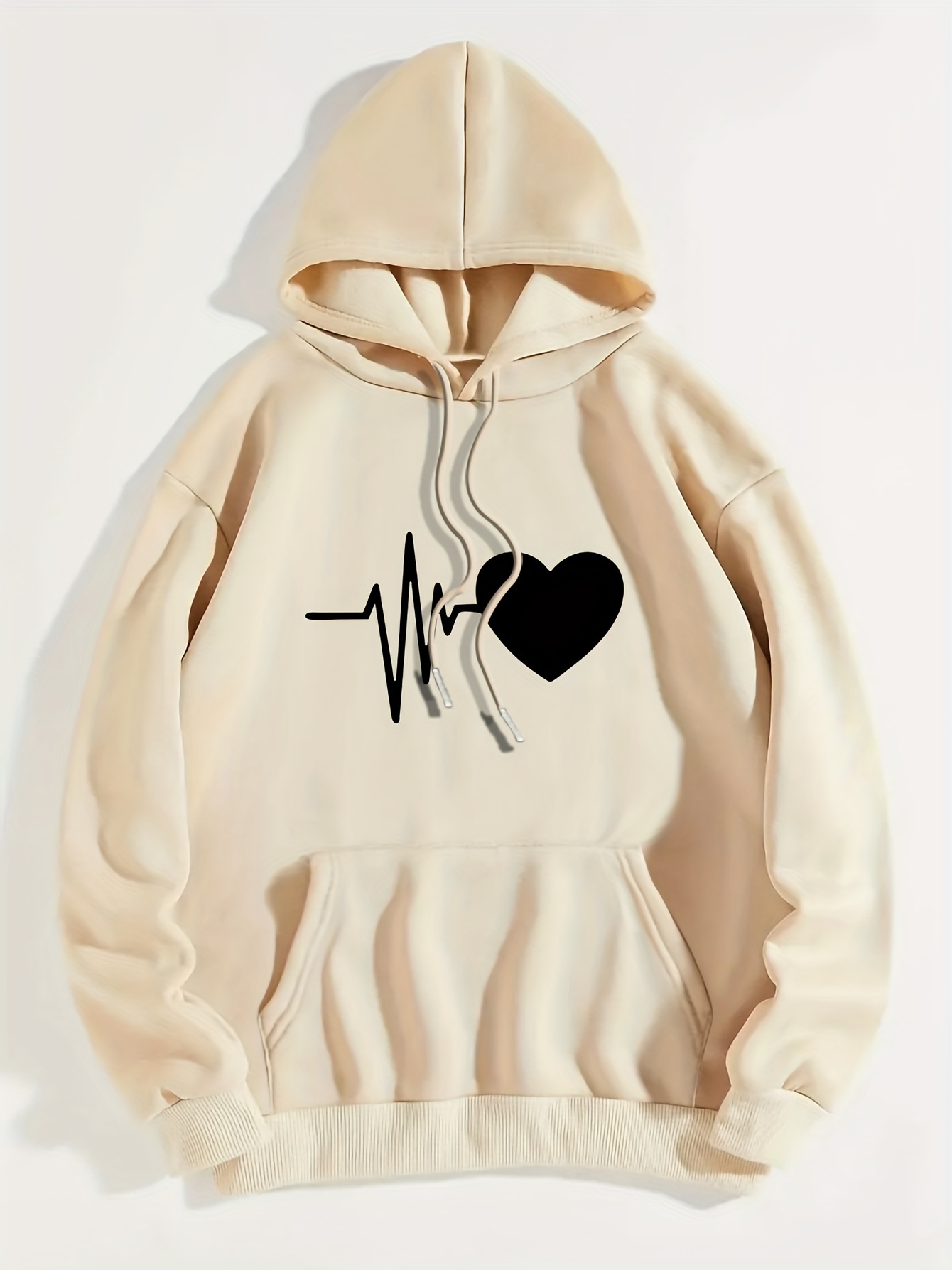 Heart Print Hoodie, Casual Kangaroo Pocket Long Sleeve Drawstring Hoodie For Fall & Winter, Women's Clothing