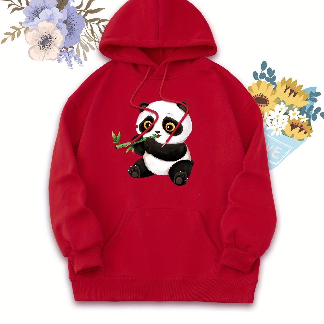 Cartoon Panda Print Drawstring Hooded Sweatshirt, Long Sleeves Kangaroo Pocket Casual Hoodie, Women's Activewear