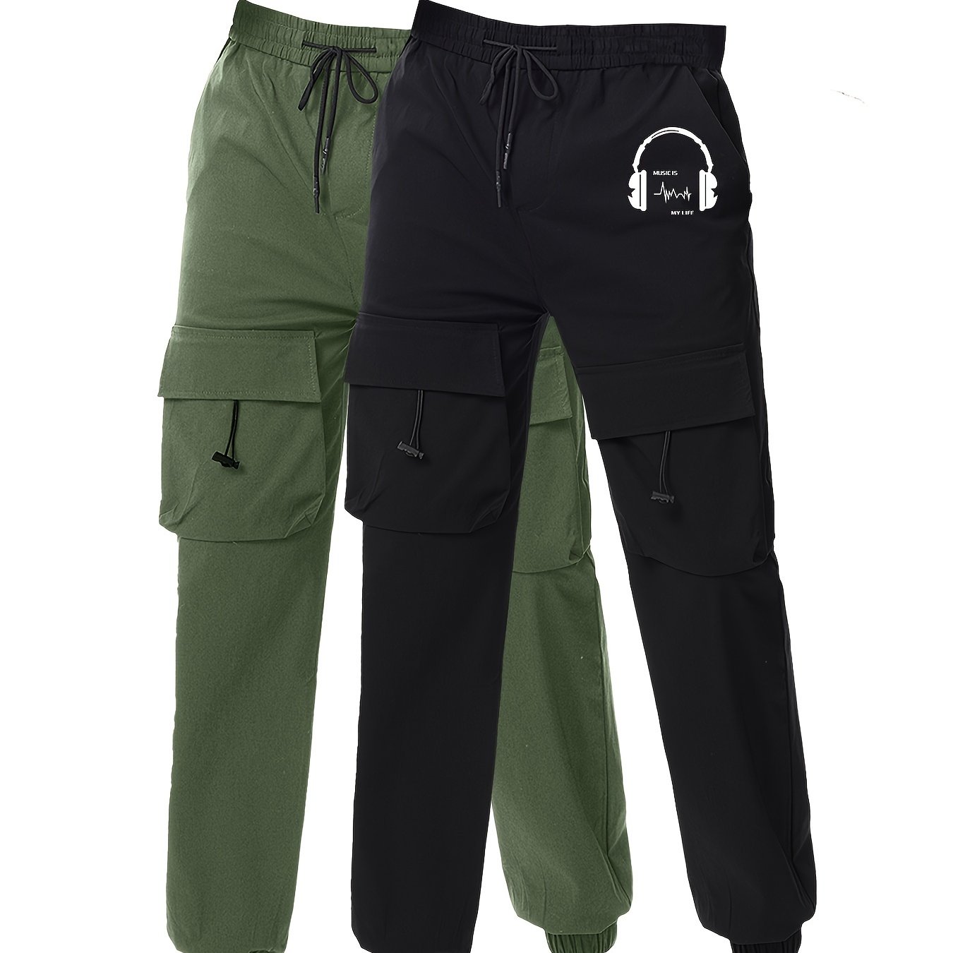 Men's Earphone Letter Print Drawstring Sweatpants, Casual Slightly Stretch Pants For All Seasons