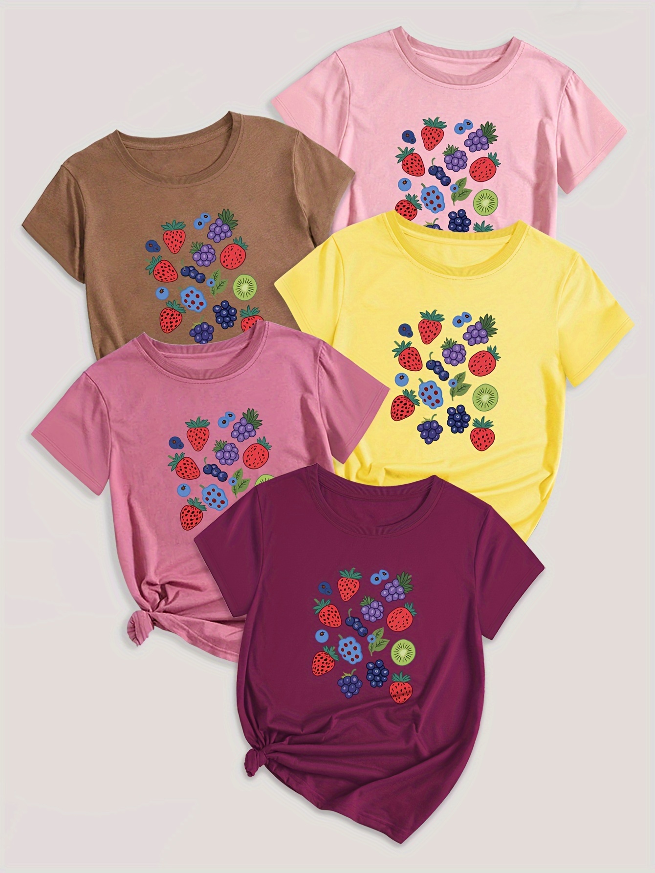 Fruit & Vegetable Print T-Shirt Set of 5 - Casual Polyester Blend Crew Neck Tees with Strawberry, Grape, Blueberry Designs - Knit Fabric, Regular Length for All Seasons